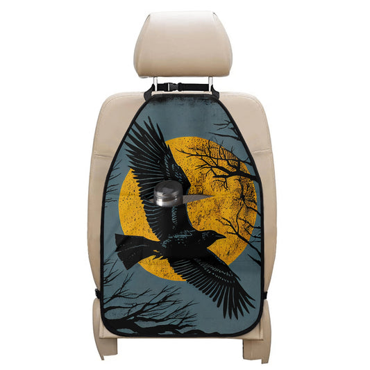 As The Crow Flies Flying Raven Halloween Moon Car Back Seat 3-Pocket Organizer Protector accessories as the crow flies automobile blue car car decor car seat corvid crow flying full moon goth gothic Halloween moon moon pockets polyester raven rustic yellow