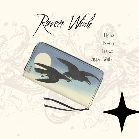 Flying Crows Zip Wallet Clutch Wallet as the crow flies bird blackbird blue buy crow clutch coin pouch crow crow on it crows cute crow flying flying crow flying raven hand strap handbag Koson Koson Collection mini Ohara Koson pleather pretty crows purse put a bird on it sky the best crow things with crows ukiyo-e vegan vegan leather vintage art wallet where can I buy crow where can I get crow wristlet zipper