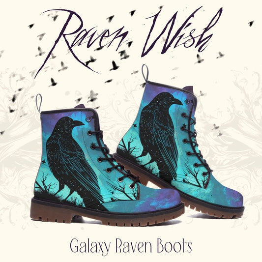 Galaxy Raven Boots | Cosmic Odin's Ravens in Purple & Aqua Guide Your Steps Spirit Animal Crow Shoes
