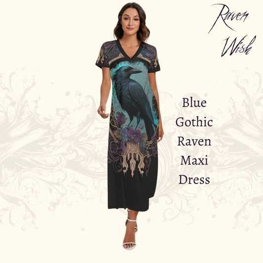 Blue Gothic Raven Maxi Dress | Black Short Sleeve Jersey Knit Crow Spirit Animal