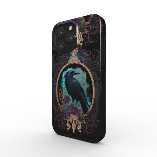 Blue Gothic Raven Tough iPhone Case MAGSAFE!! Glossy vivid protective crow cover brimming with mythic symbolism