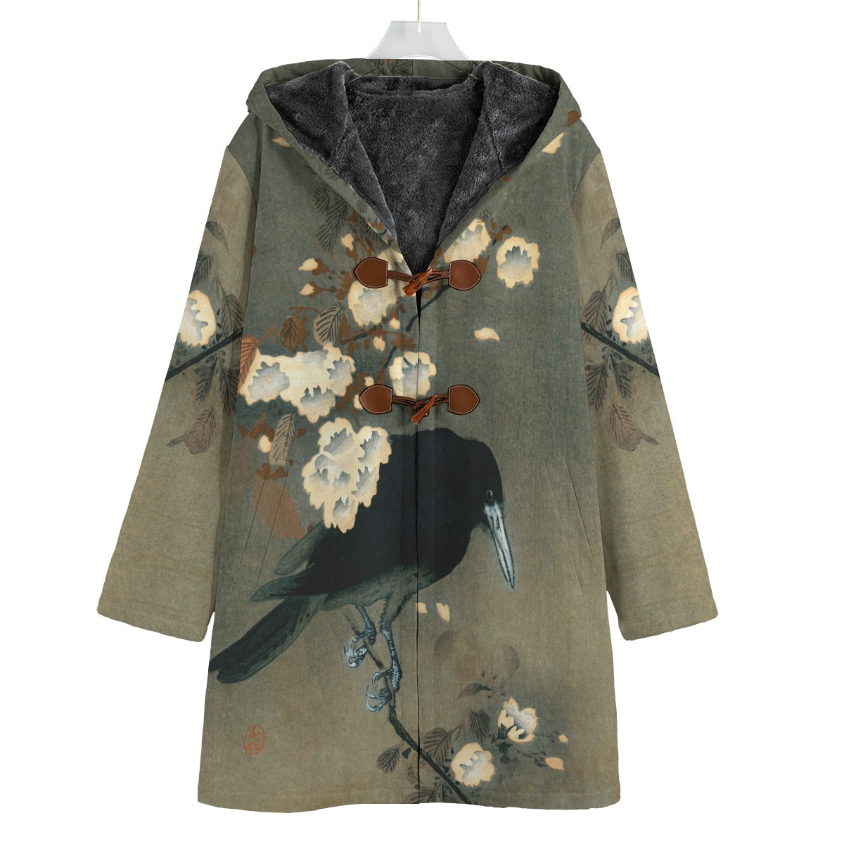 Koson Crow Hooded Cloak Outerwear Overcoat Raven Woodblock Print Fleece Jacket Witchy Clothes Trench