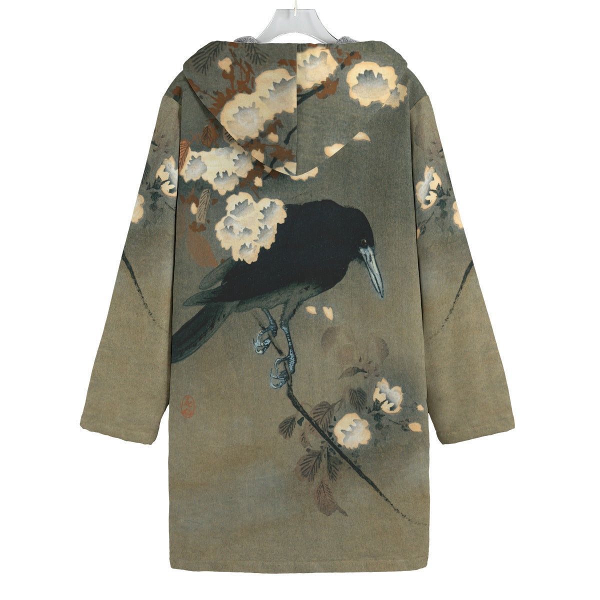 Koson Crow Hooded Cloak Outerwear Overcoat Raven Woodblock Print Fleece Jacket Witchy Clothes Trench