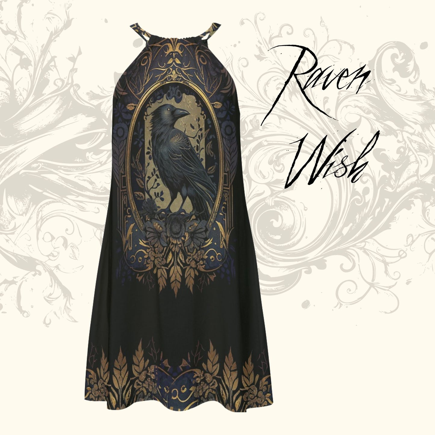 Golden Raven Guardian Sundress | Gothic Elegance in Lightweight Silky Rayon Dresses black blackbird crow crow dresses for sale crows dress with crows on it dresses with crows on them gold gold frame golden goth gothic little black dress mini Morrigan Odin raven raven dress for sale raven gaurd raven stuff raven symbol ravens short dress steampunk sundress things with crows where to buy the best raven dresses