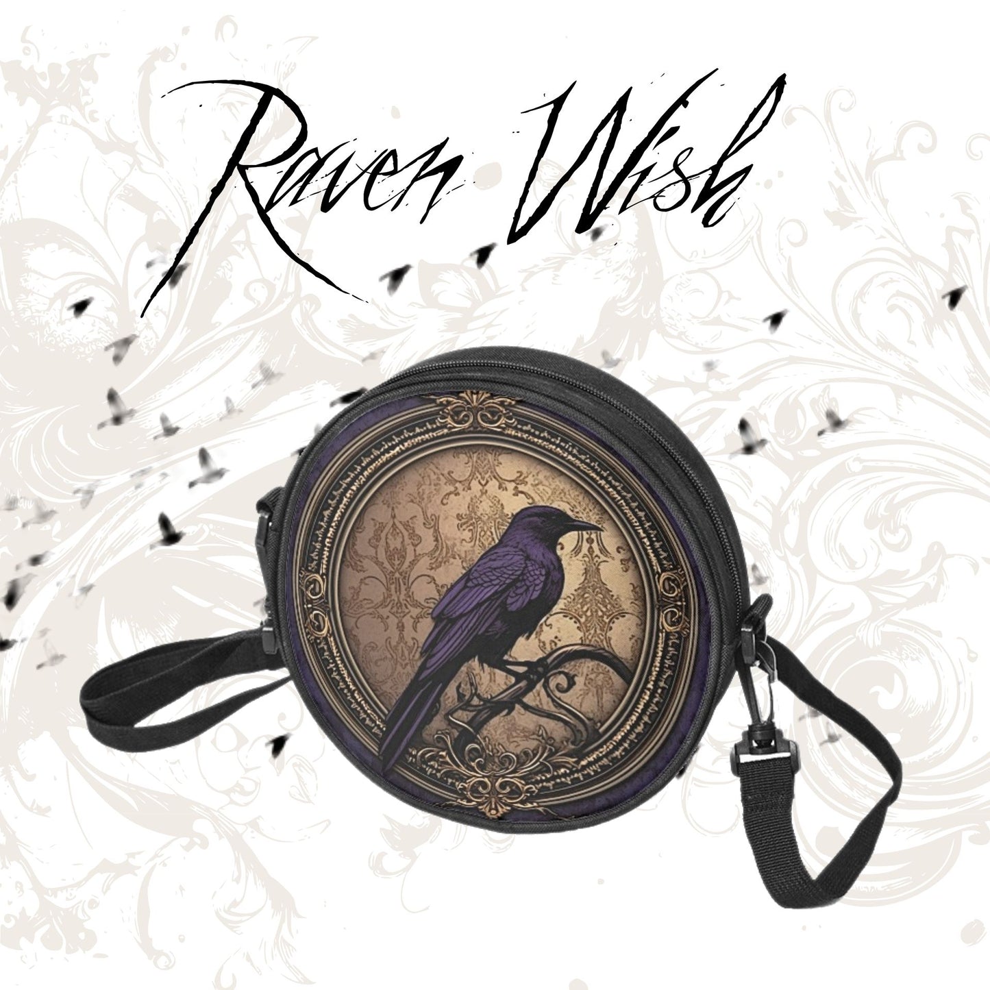 Purple Raven Queen Purse | Witchy Round Crow Bag w Adjustable Strap Sturdy Stylish Nylon Canvas