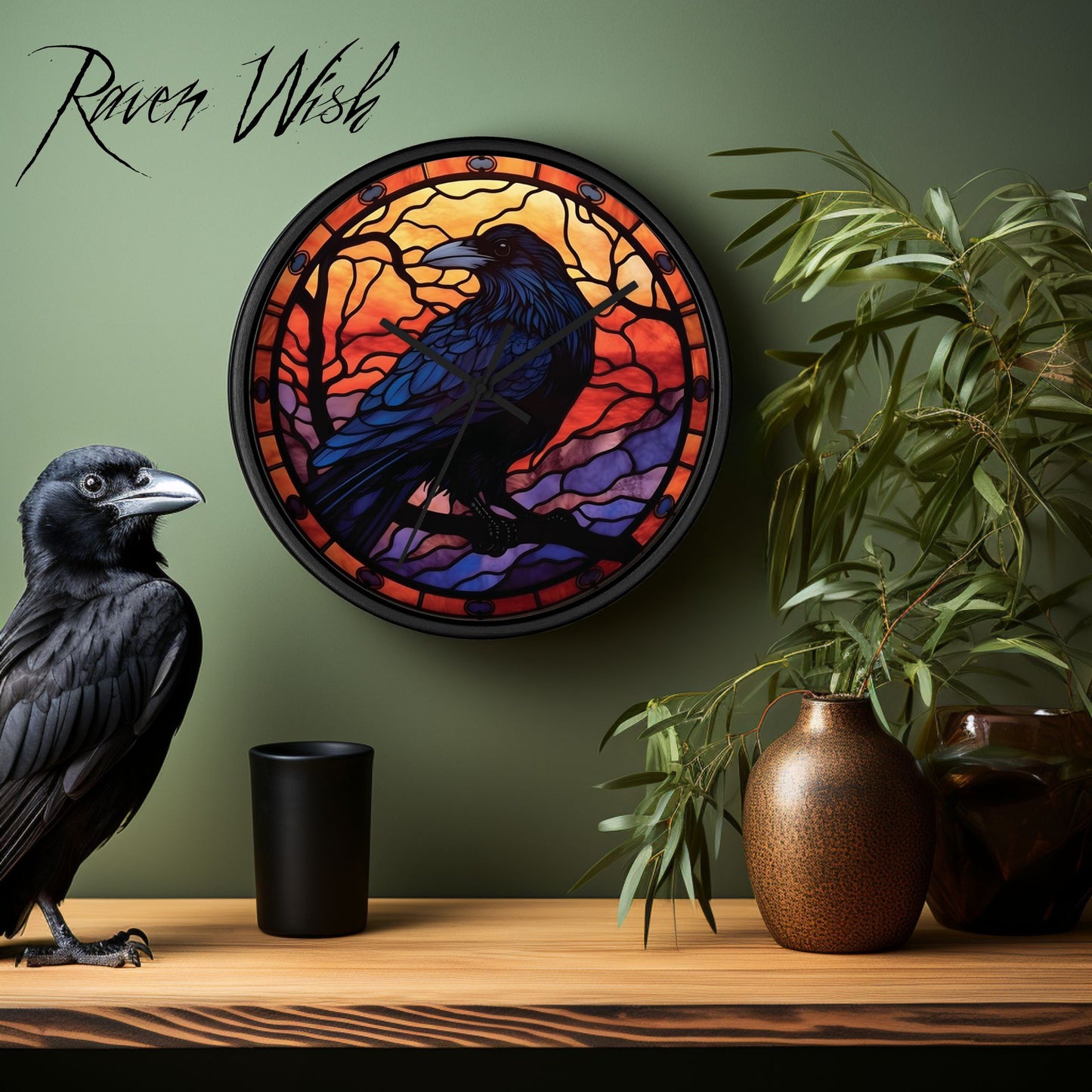 the Raven Sunset Clock Stained Glass-Look elegant Halloween Home Decor