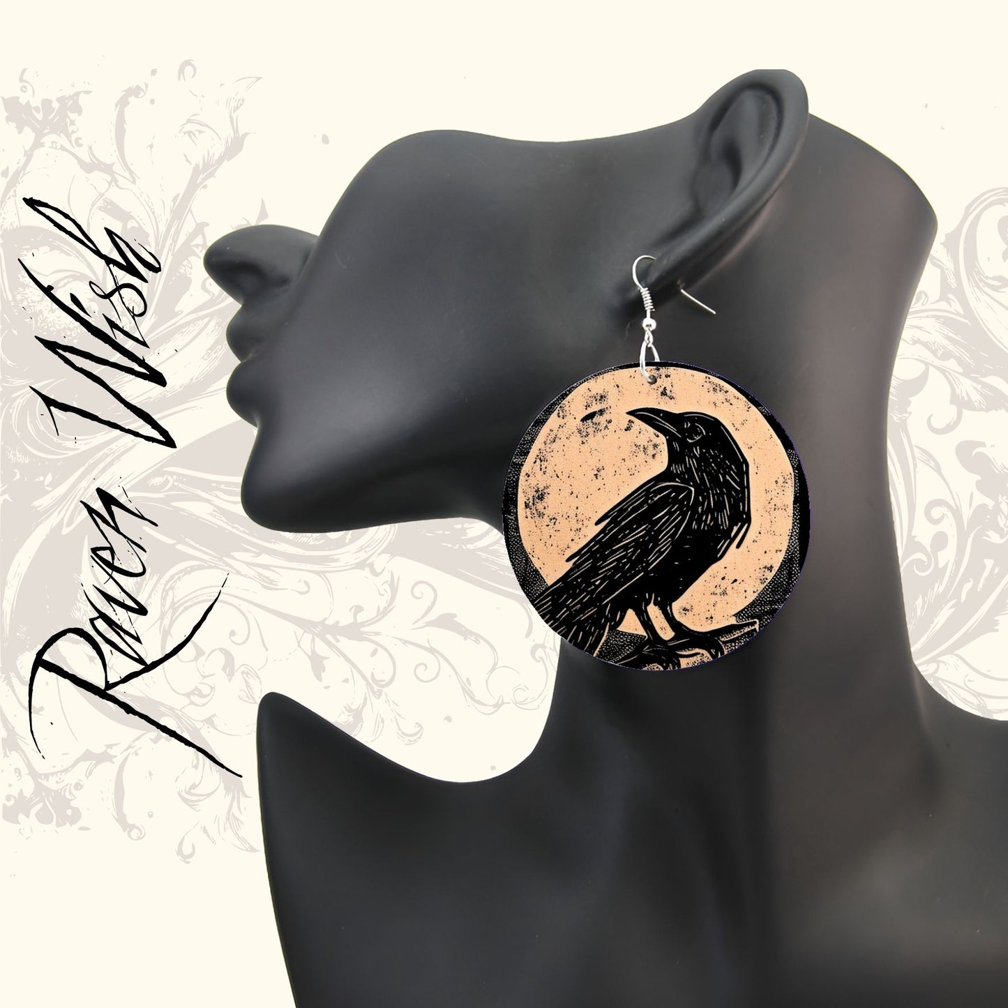 Rustic Moon Raven Wood Coin Statement Earrings