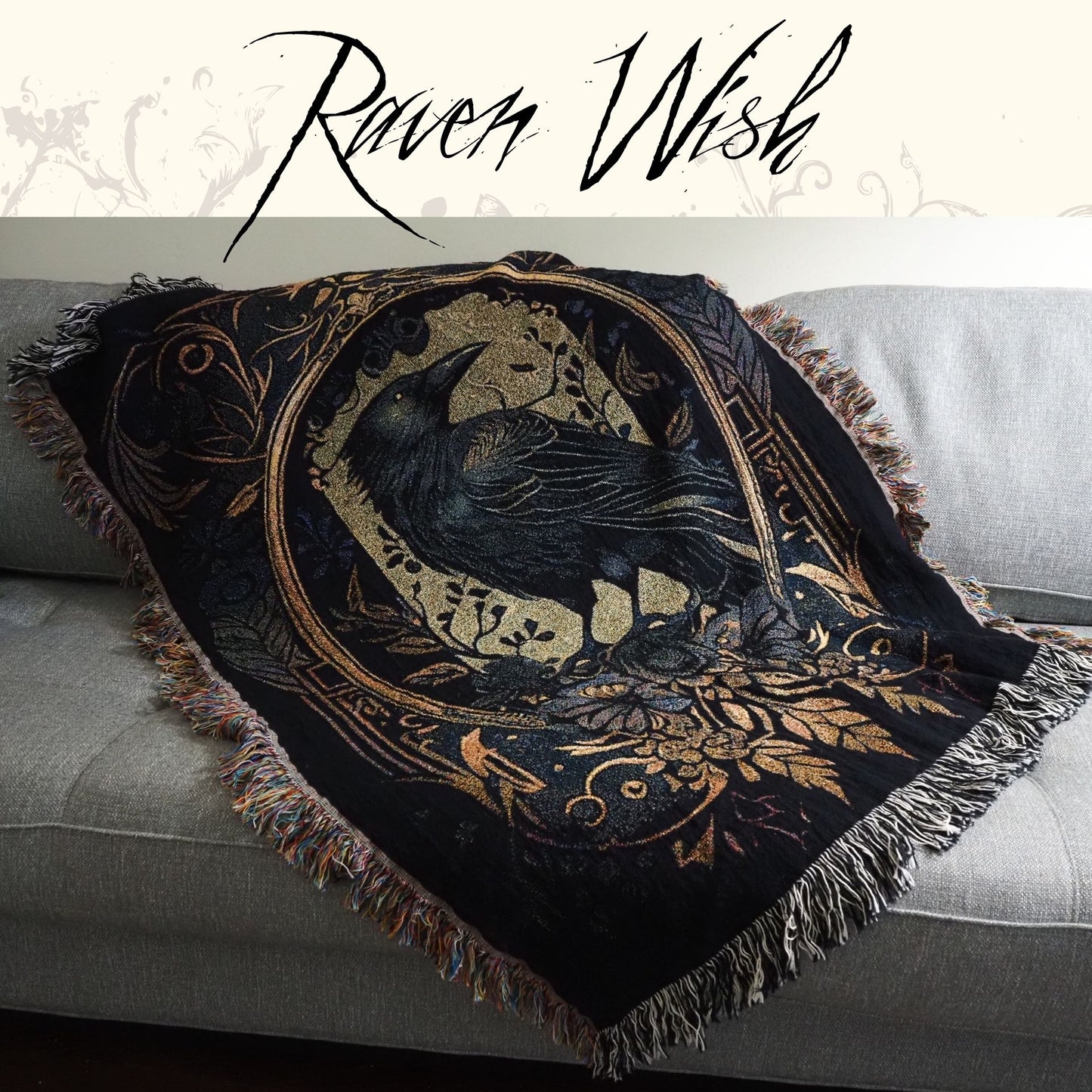 Golden Raven Tapestry Throw Cozy Cotton Heirloom Art Fiber Blanket