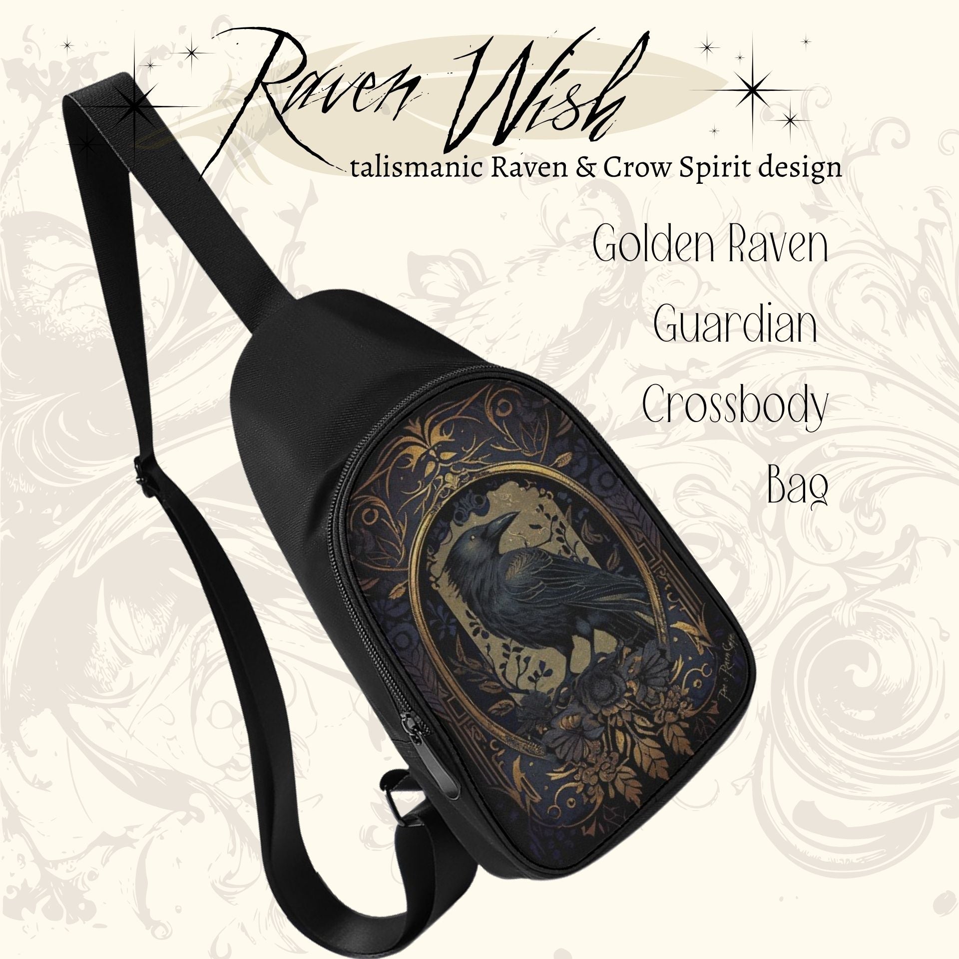 Crossbody bag with ravens on them, purse wit a crow on it, talismanic raven spirit design clothing and gifts for sale online at www.RavenWish.com