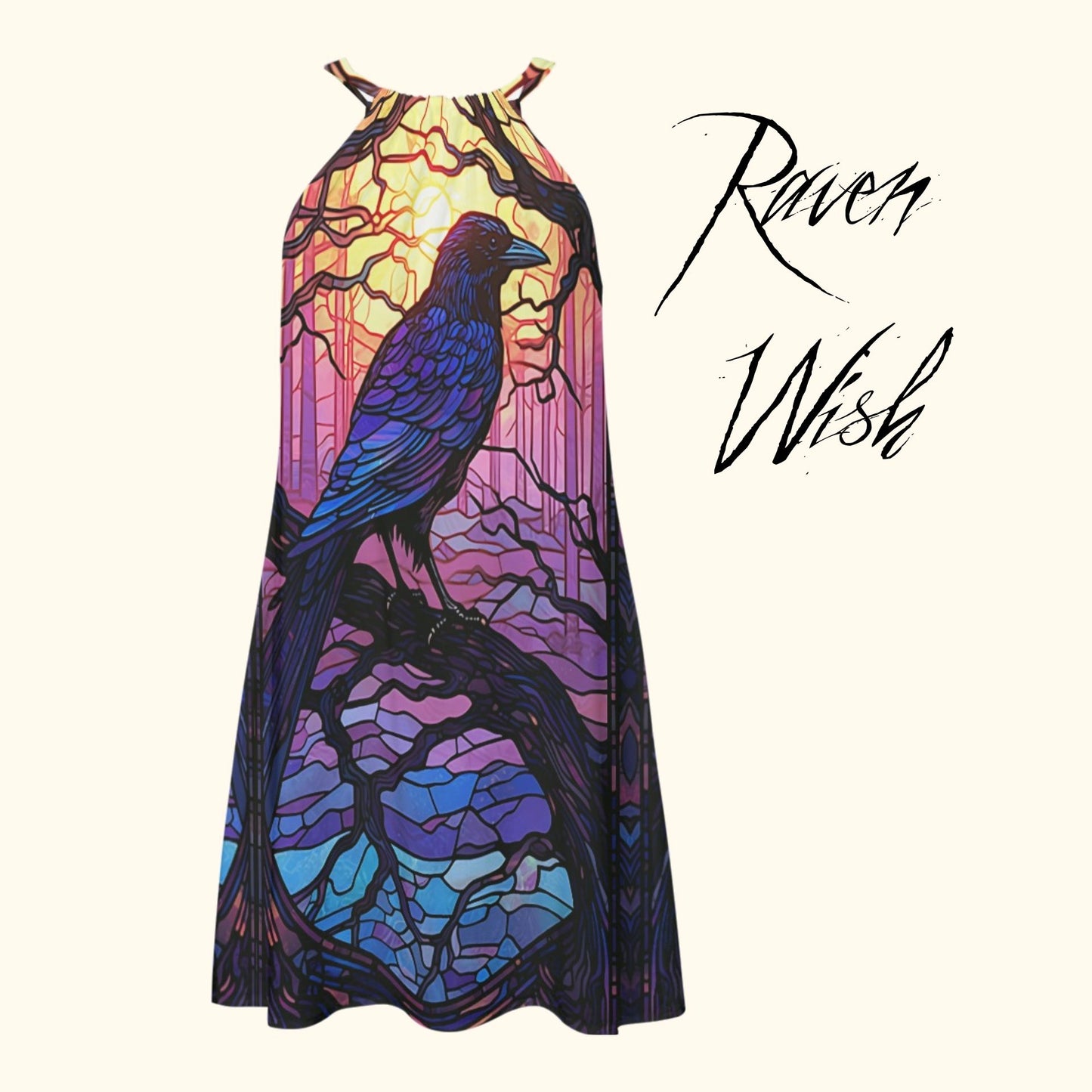 Gorgeous purple and pink glowing color in our exclusive Twilight Raven Dress in comfortable silky rayon, halter neck style cute short beach dress casual witchy witch clothes at www.RavenWish.com