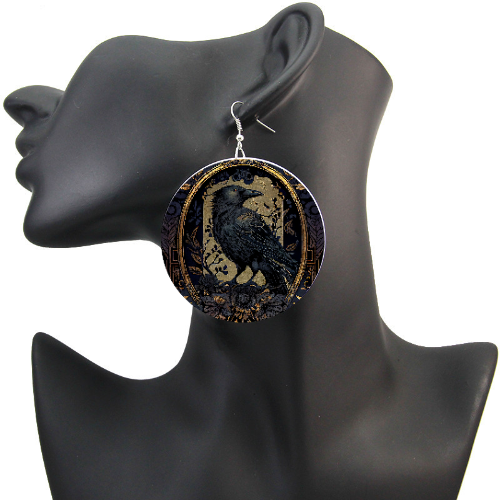 Golden Guardian Raven Earrings Gothic Statement Jewelry black crow spirit dark steampunk elegant black golden goth statement earring black earrings fancy gold goth lightweight steampunk