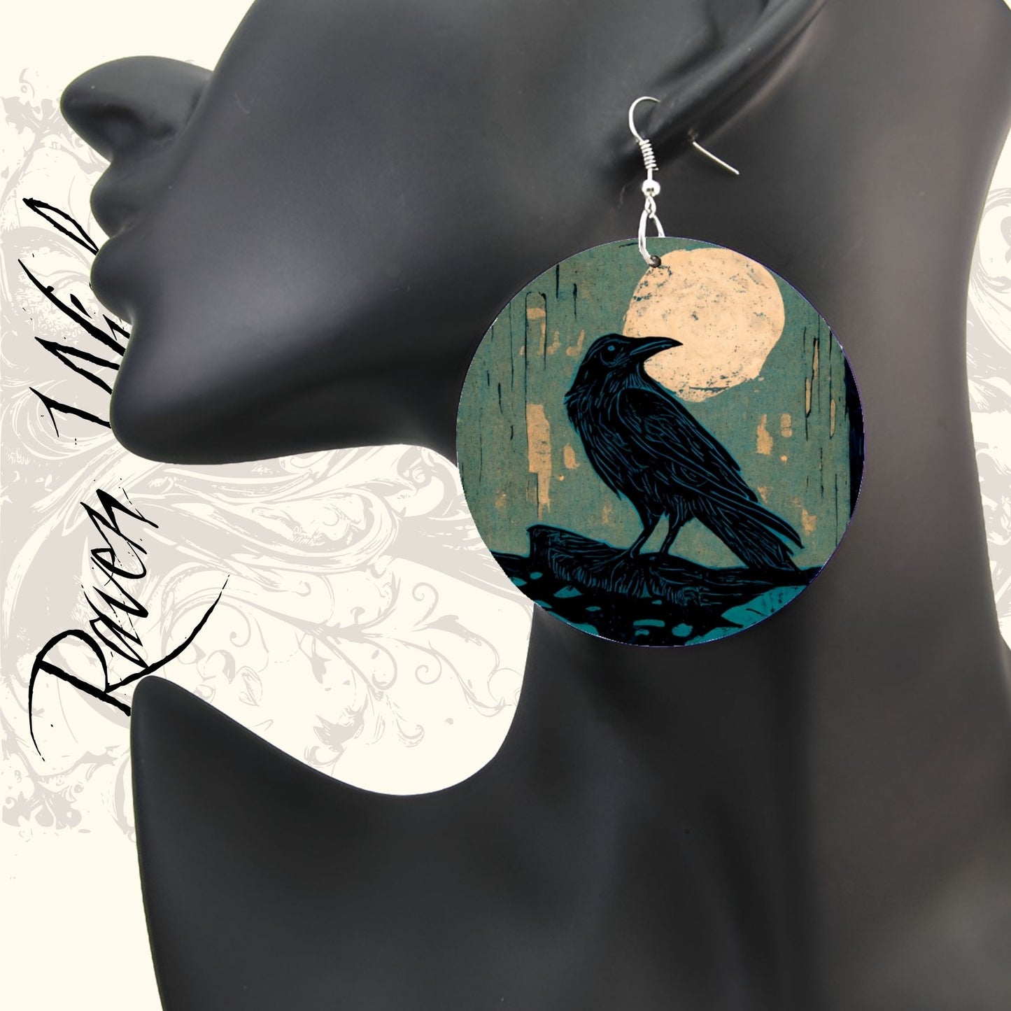 Moss Wood Moon Raven wood earrings | Witchy Boho Elegance Forestcore Empath Protection