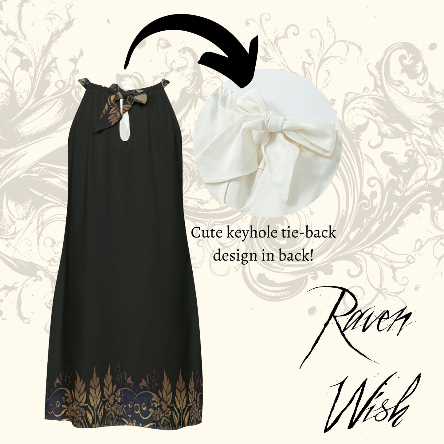 Golden Raven Guardian Sundress | Gothic Elegance in Lightweight Silky Rayon Dresses black blackbird crow crow dresses for sale crows dress with crows on it dresses with crows on them gold gold frame golden goth gothic little black dress mini Morrigan Odin raven raven dress for sale raven gaurd raven stuff raven symbol ravens short dress steampunk sundress things with crows where to buy the best raven dresses