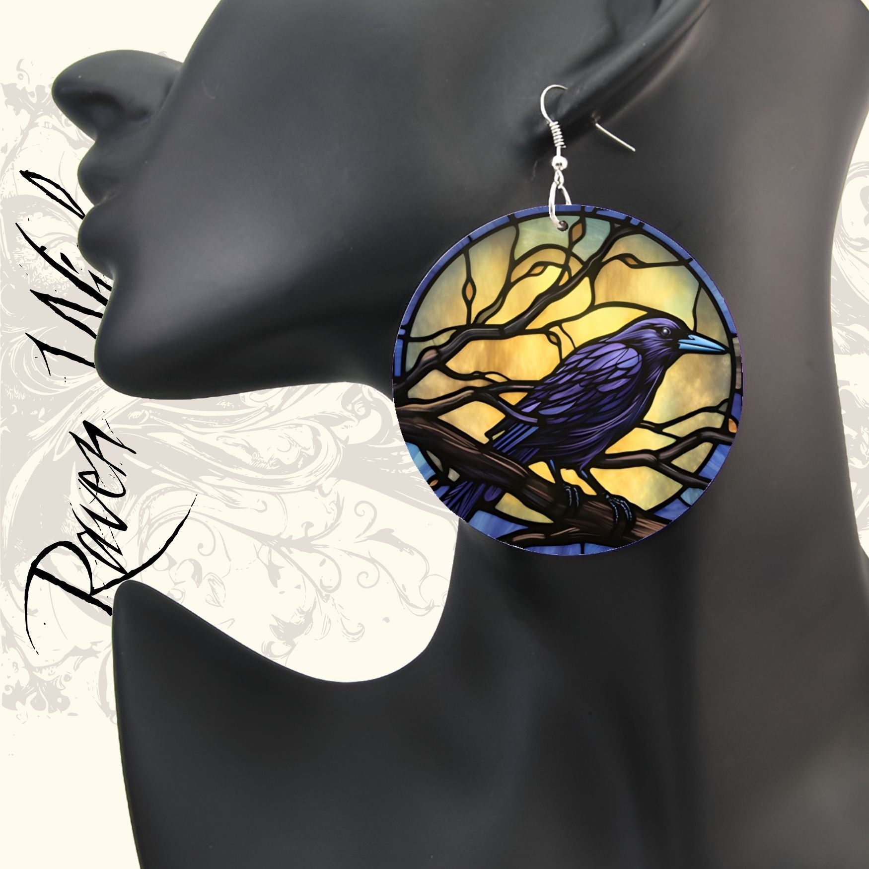 Indigo Moon Raven Raven Queen Stained Glass-look Wood earrings Earrings Accessories cool raven cool raven stuff earring Edgar Allen Poe fancy full moon gift for her gifts for goths goth gothic Halloween Halloween moon jewelry Lilith Morrigan Odin oversized Poe Poe's Raven pretty ravens purple purple raven queen raven raven on it raven stuff raven symbol raven wish ravens spooky season stain glass stained glass statement jewelry the best raven witchy with a raven on it women womens yellow moon