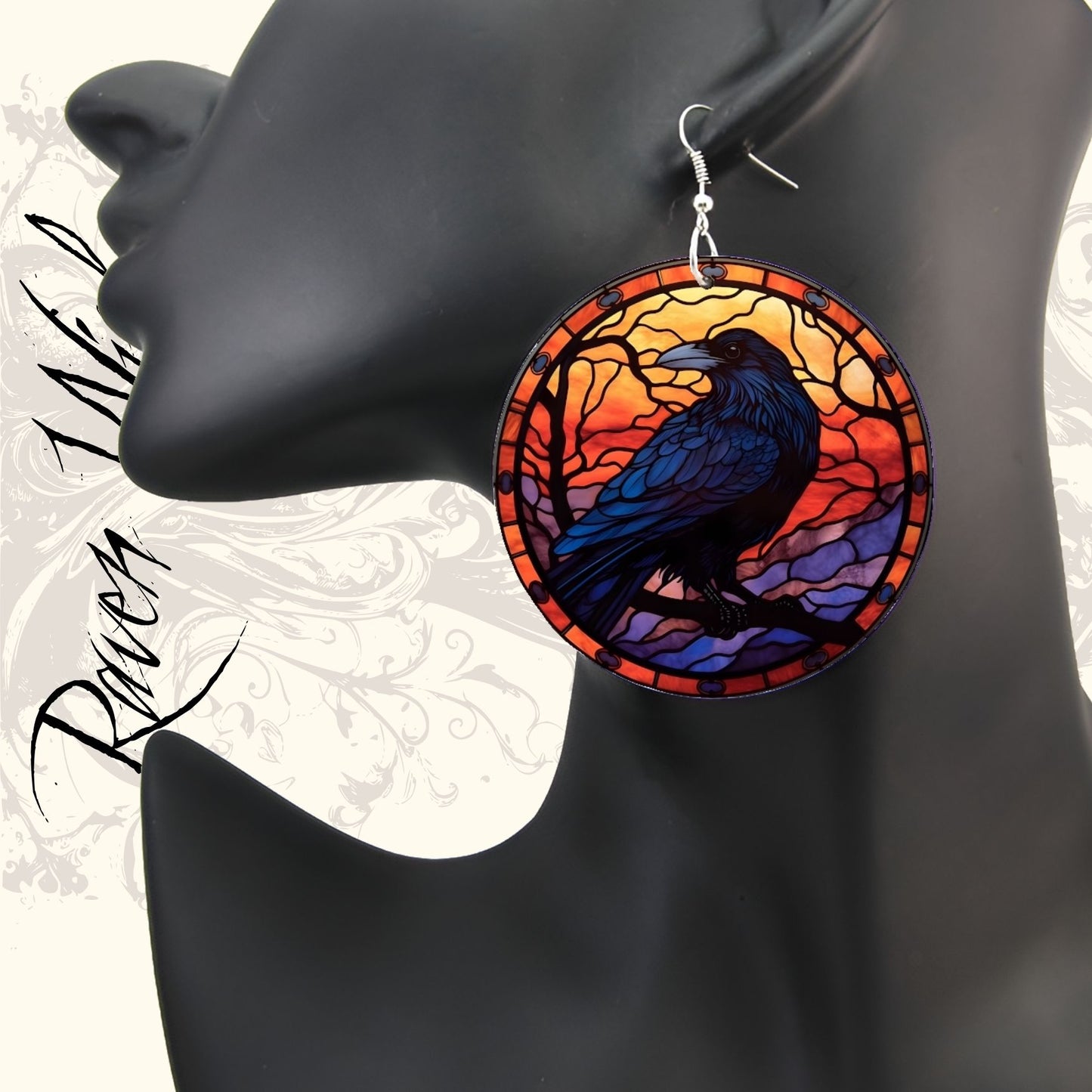 beautiful oversized statement jewelry earrings with ravens on them raven sunset earrings to explore the symbolism of crows and ravens in your life at www.RavenWish.com