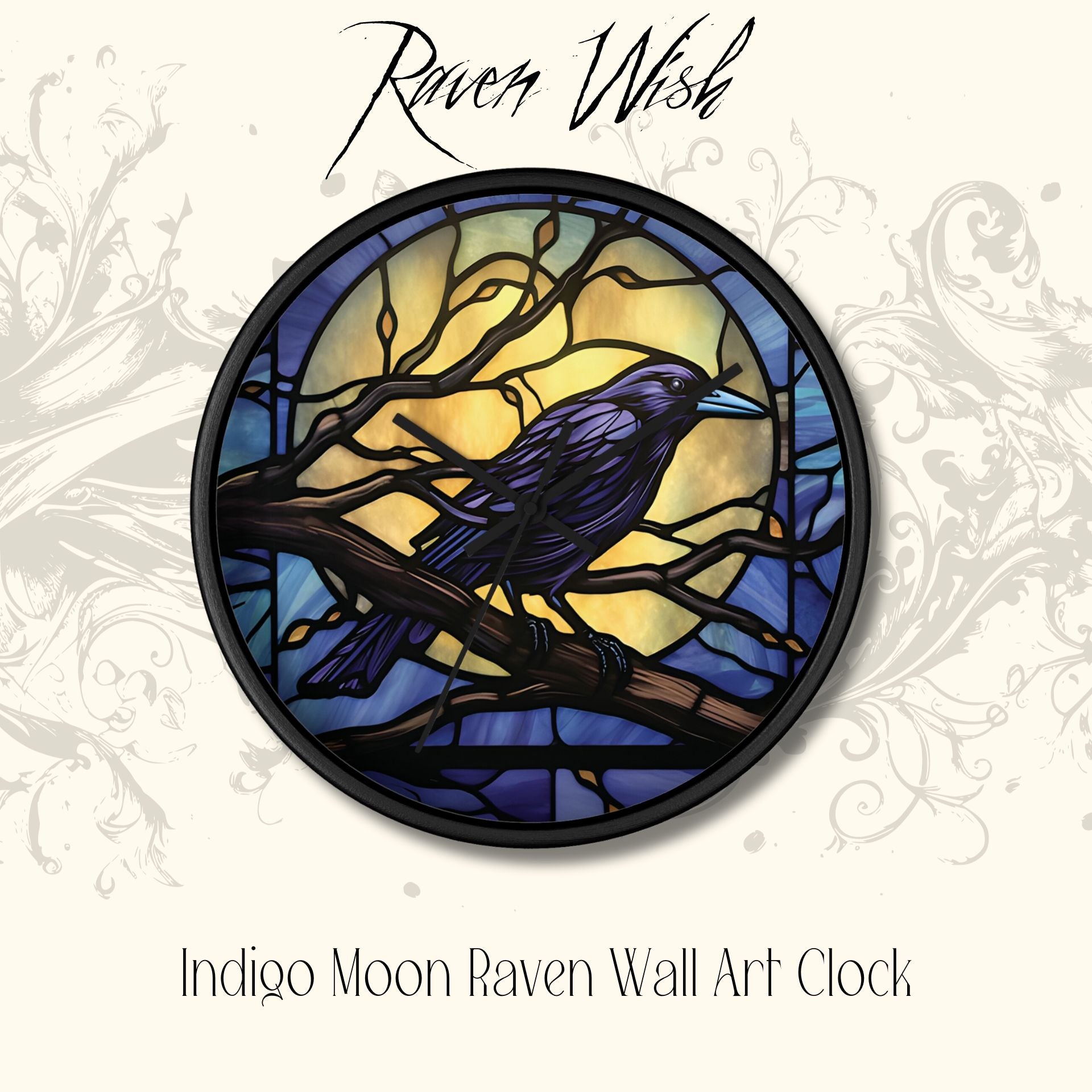 Where can I buy clocks with ravens on them or a pretty crow clock that looks like stained glass? What should I get for my witchy pagan friend where can I buy things with ravens online ~ beautiful raven stuff for sale at www.RavenWish.com