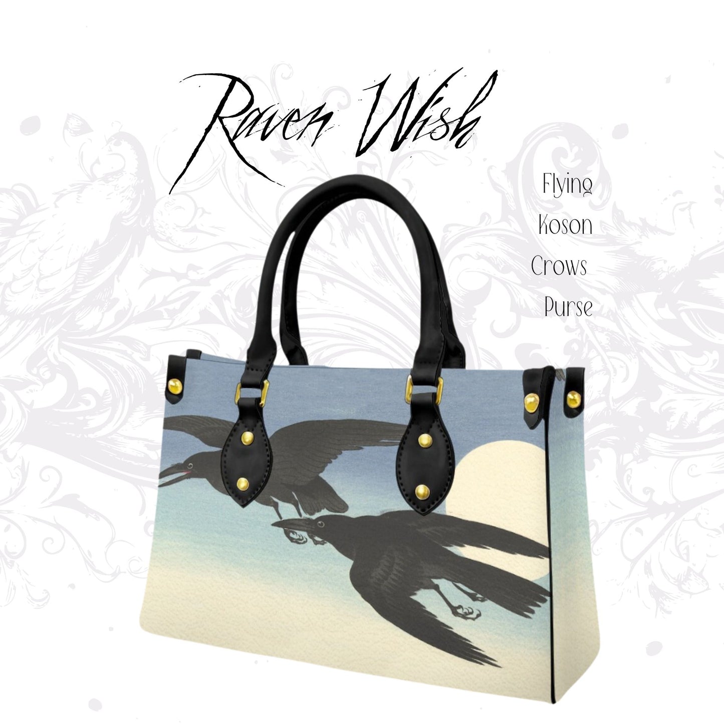 Flying Crows Handbag | The Ohara Koson Collection vintage Japanese woodblock artwork Purse blue corvid corvidcore crows dress with crows on it dresses with crows on them faux leather handbag Japanese kacho-ga matching minimalist Ohara Koson pleather pretty crows purse sky things with crows vegan vegan leather zen