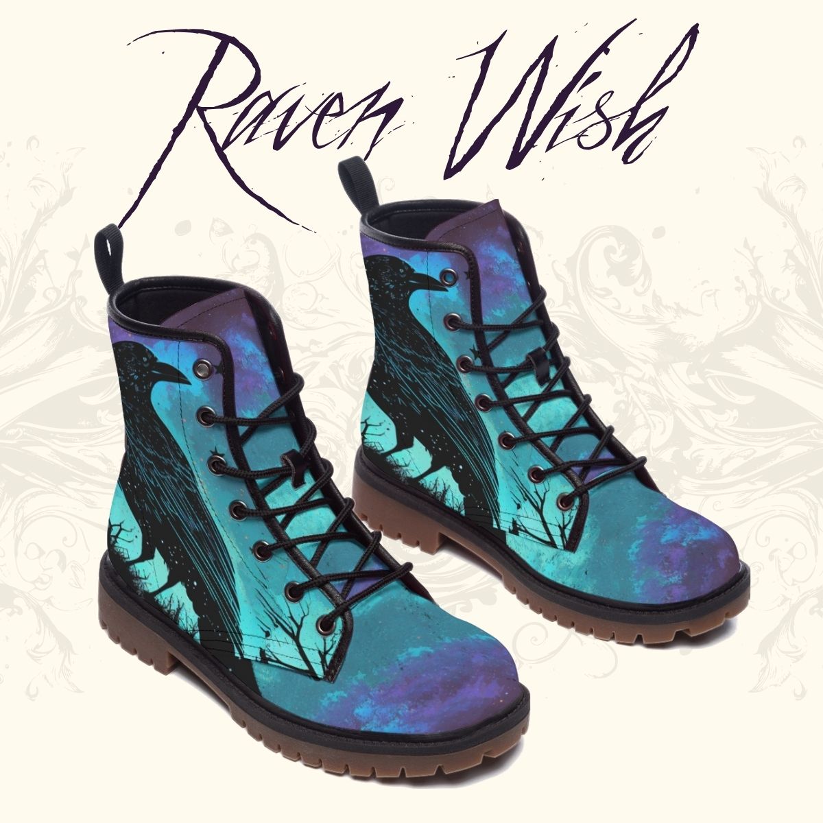 Galaxy Raven Boots | Cosmic Odin's Ravens in Purple & Aqua Guide Your Steps Spirit Animal Crow Shoes