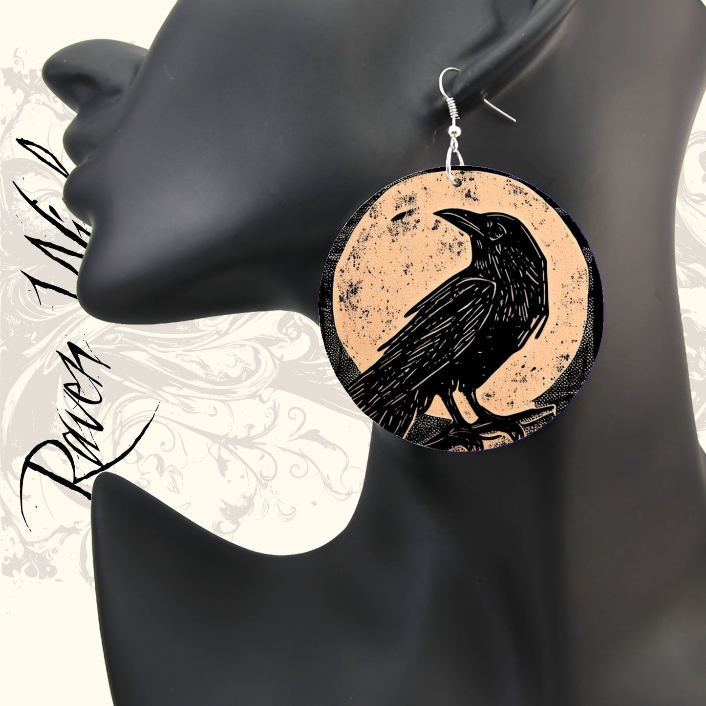 Rustic Moon Raven Wood Coin Statement Earrings