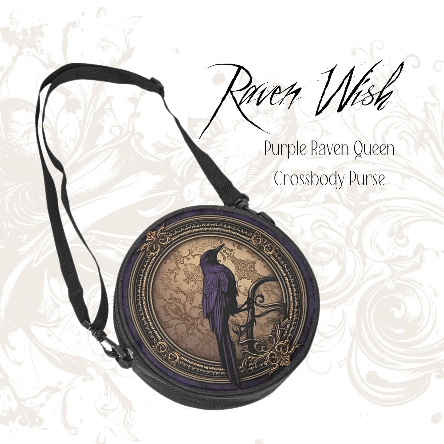 Purple Raven Queen Purse | Witchy Round Crow Bag w Adjustable Strap Sturdy Stylish Nylon Canvas