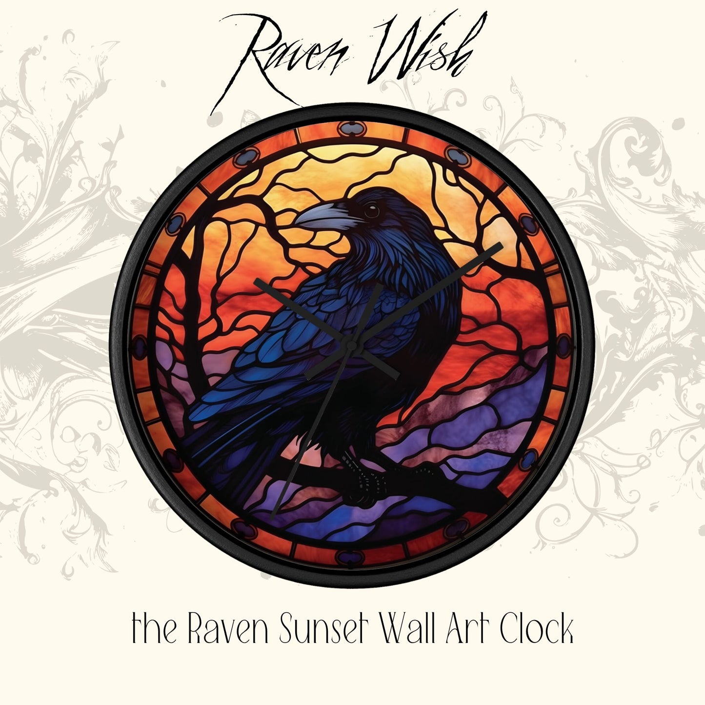 the Raven Sunset Clock Stained Glass-Look elegant Halloween Home Decor