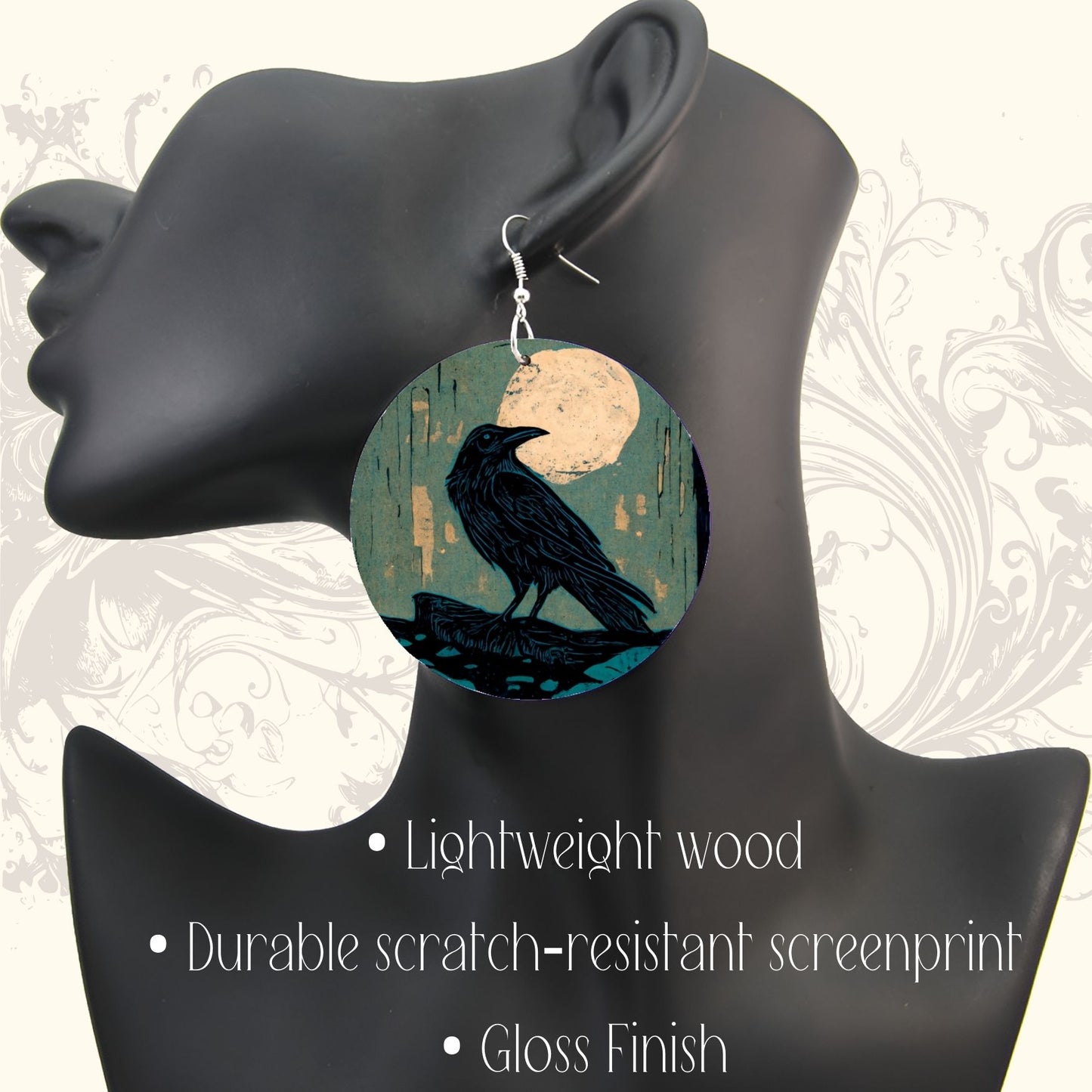 Moss Wood Moon Raven wood earrings | Witchy Boho Elegance Forestcore Empath Protection