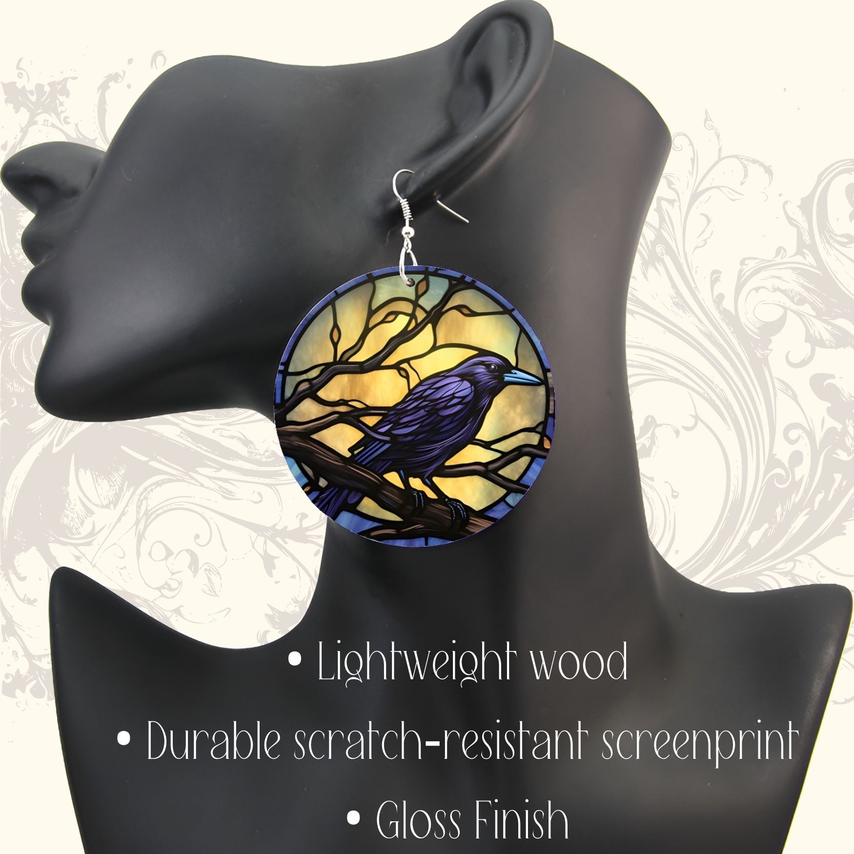 Indigo Moon Raven Raven Queen Stained Glass-look Wood earrings Earrings Accessories cool raven cool raven stuff earring Edgar Allen Poe fancy full moon gift for her gifts for goths goth gothic Halloween Halloween moon jewelry Lilith Morrigan Odin oversized Poe Poe's Raven pretty ravens purple purple raven queen raven raven on it raven stuff raven symbol raven wish ravens spooky season stain glass stained glass statement jewelry the best raven witchy with a raven on it women womens yellow moon