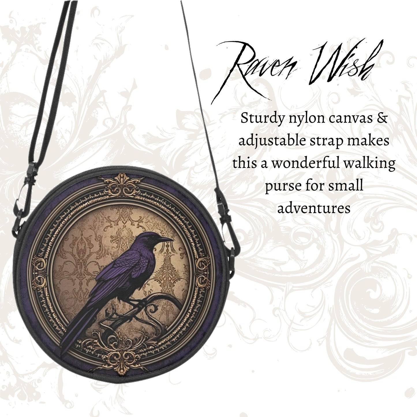 Purple Raven Queen Purse | Witchy Round Crow Bag w Adjustable Strap Sturdy Stylish Nylon Canvas