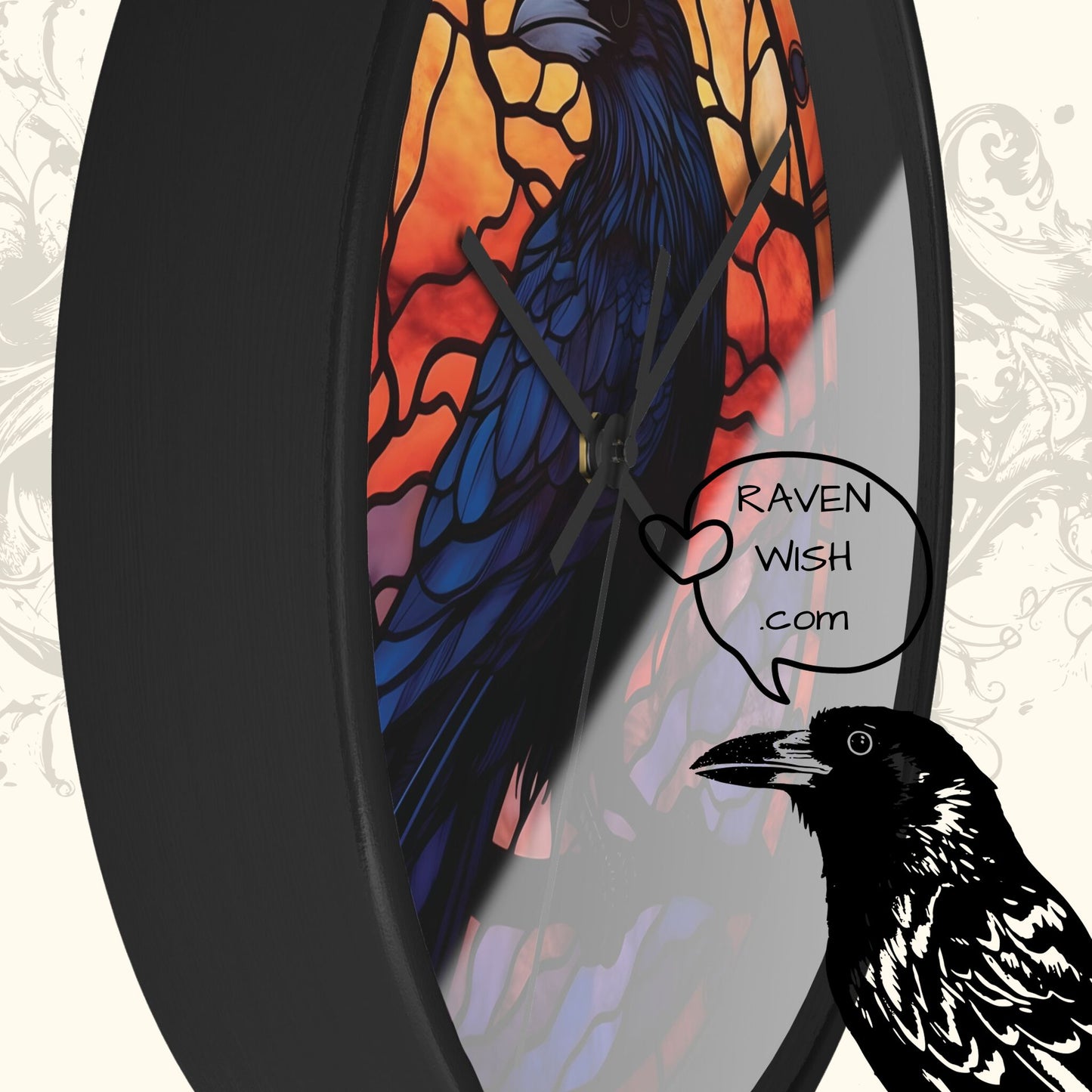 the Raven Sunset Clock Stained Glass-Look elegant Halloween Home Decor