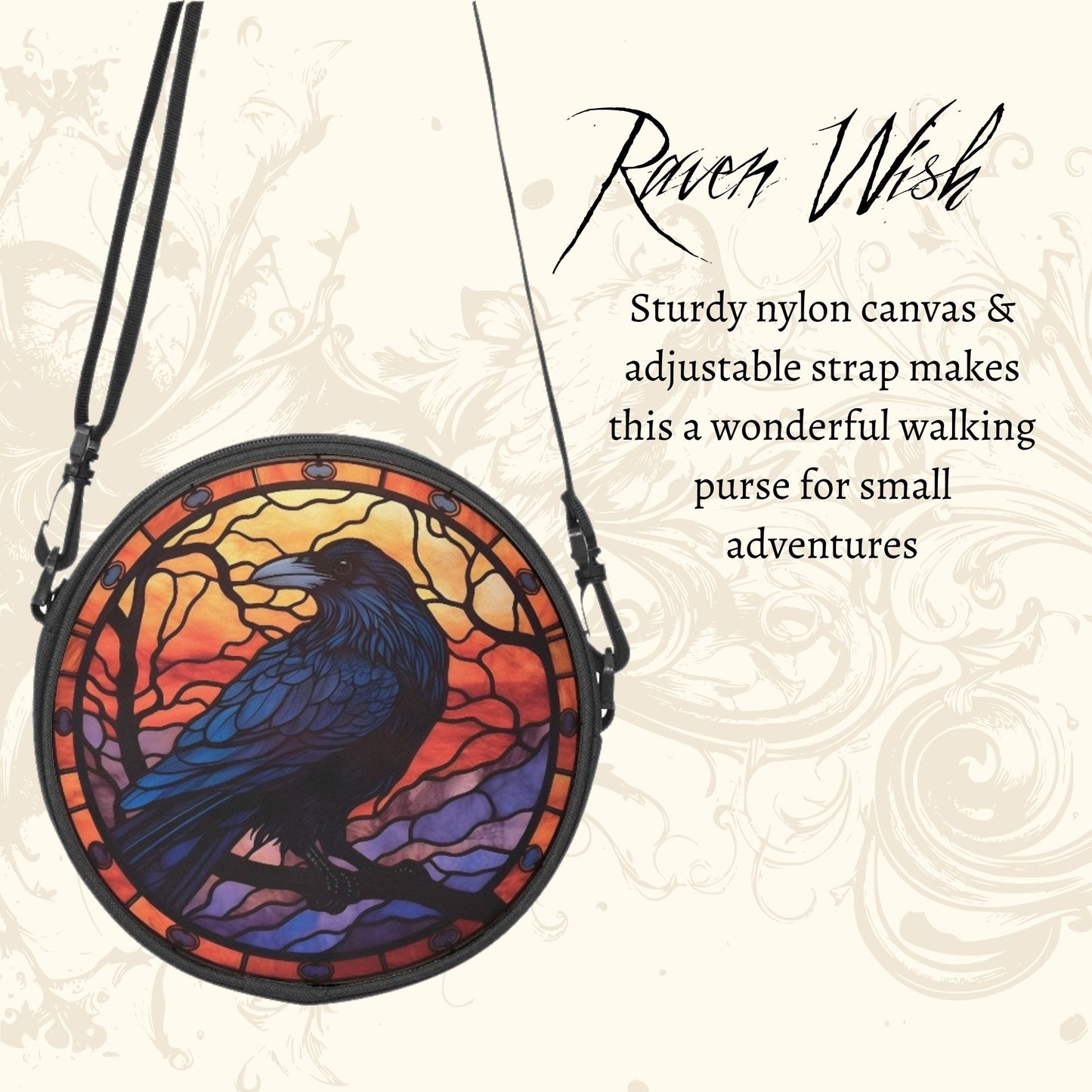 the Raven Sunset Purse | Stained Glass-Inspired Round Crossbody Crow Bag