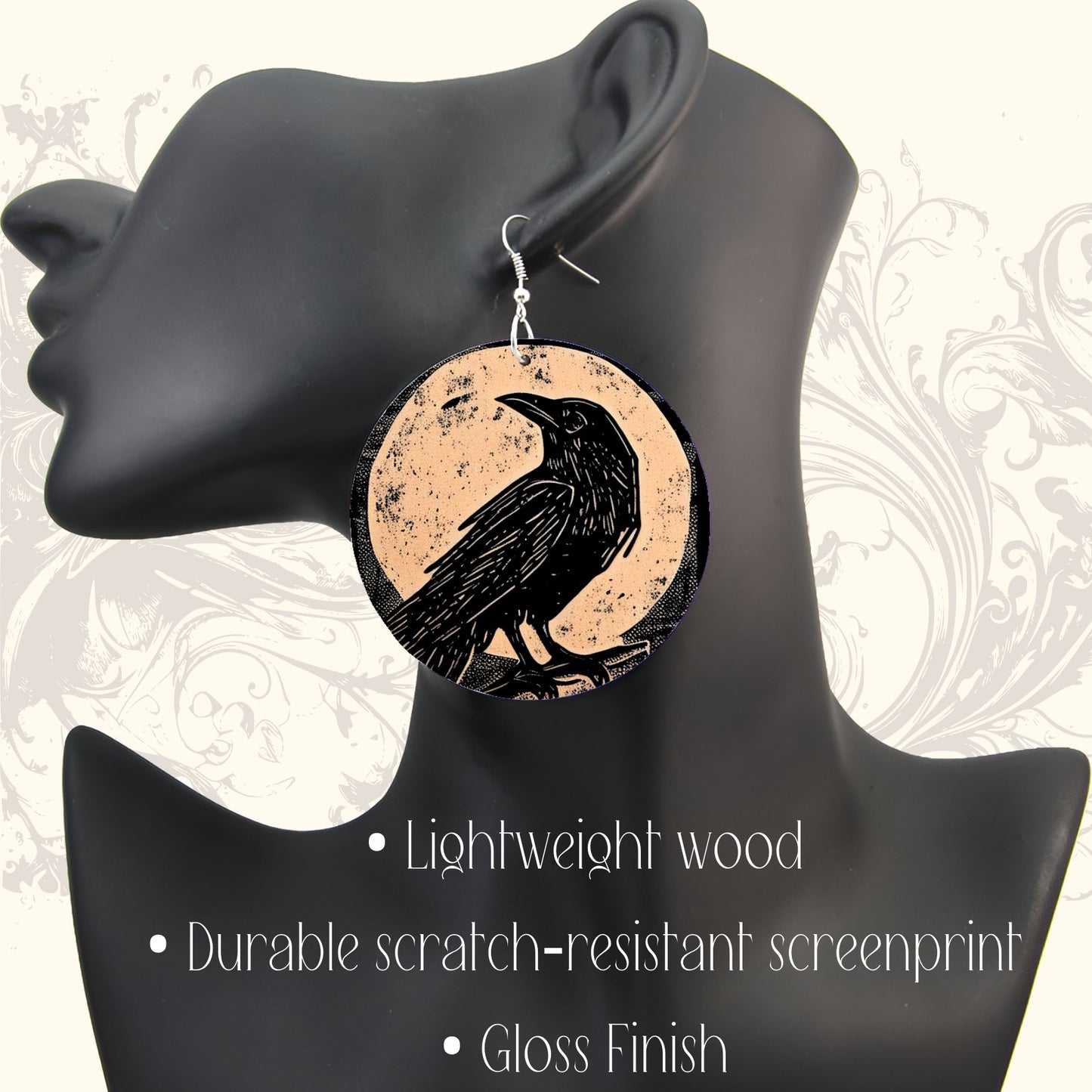 Rustic Moon Raven Wood Coin Statement Earrings