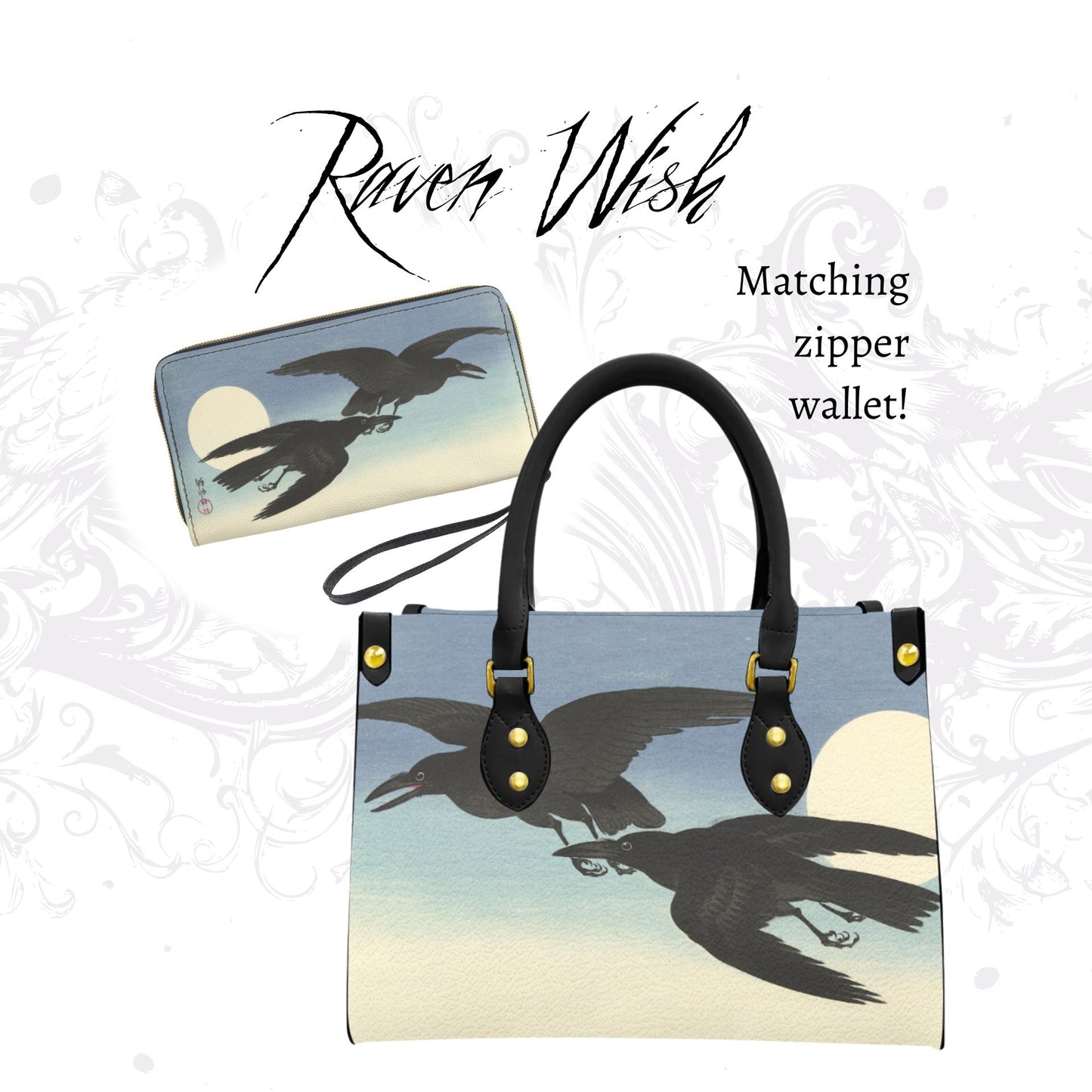 Flying Crows Handbag | The Ohara Koson Collection vintage Japanese woodblock artwork Purse blue corvid corvidcore crows dress with crows on it dresses with crows on them faux leather handbag Japanese kacho-ga matching minimalist Ohara Koson pleather pretty crows purse sky things with crows vegan vegan leather zen