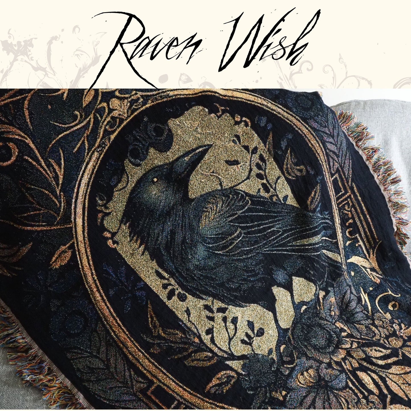 Golden Raven Tapestry Throw Cozy Cotton Heirloom Art Fiber Blanket