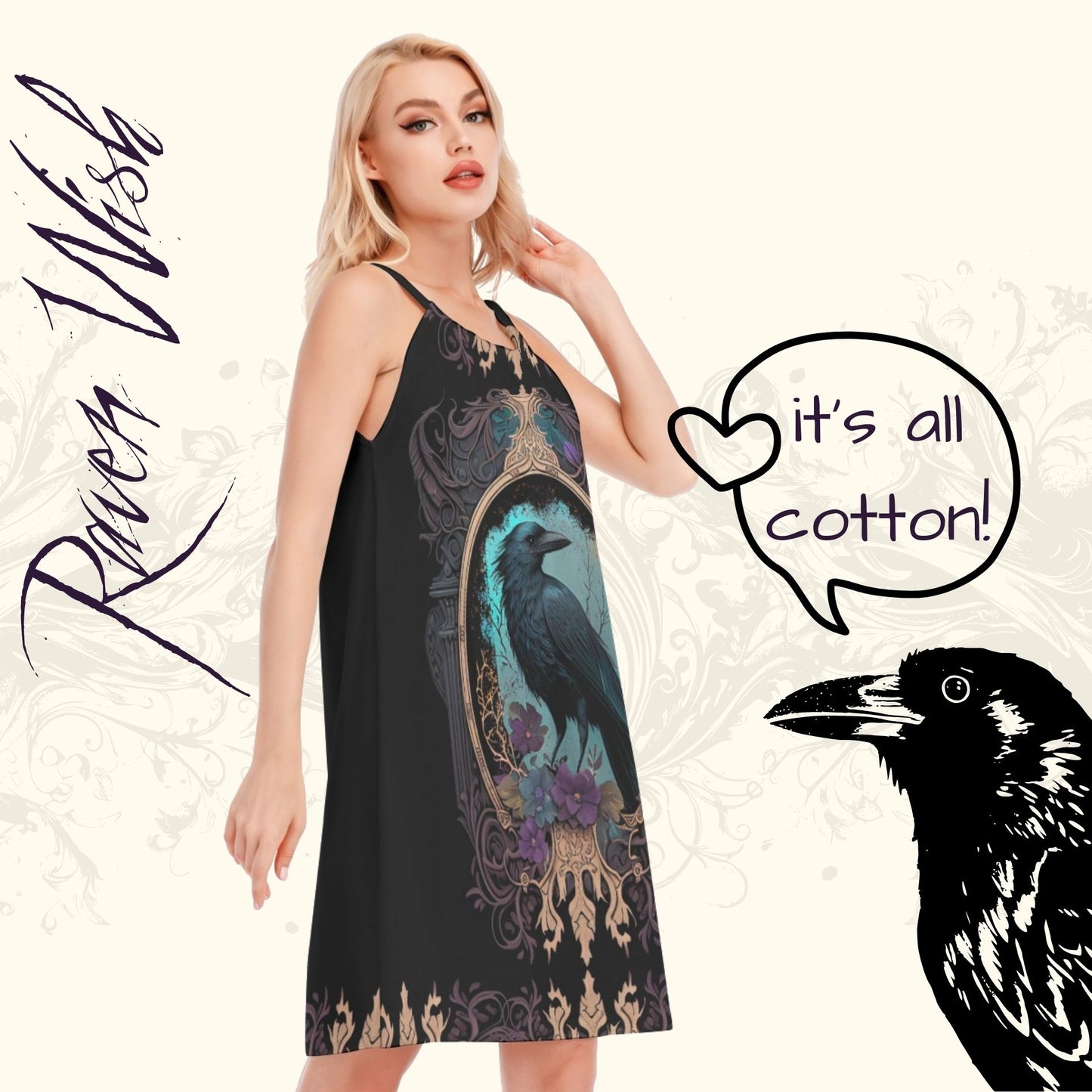 Blue Gothic Raven Dress Cotton Cami Nightie/Sundress