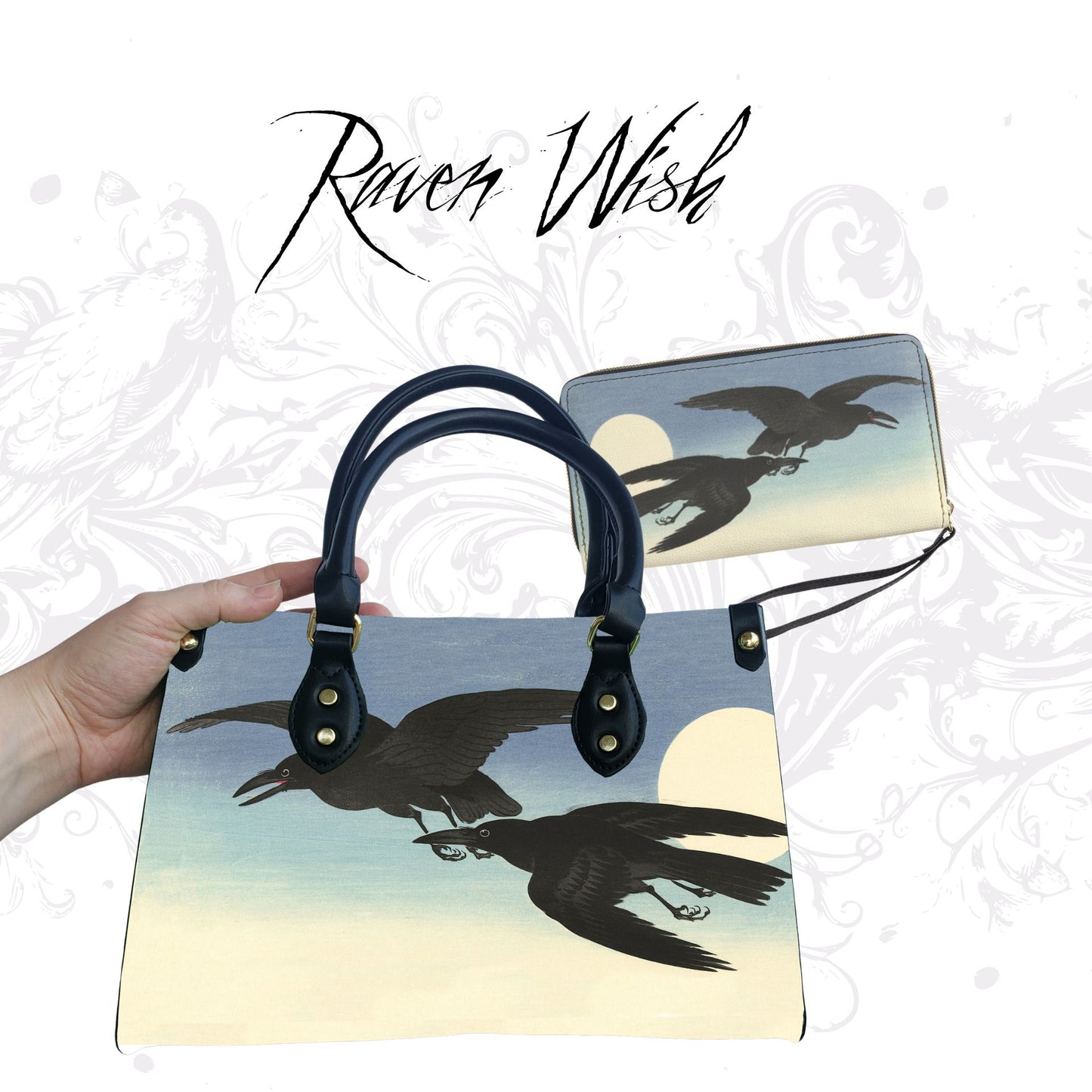 Flying Crows Handbag | The Ohara Koson Collection vintage Japanese woodblock artwork Purse blue corvid corvidcore crows dress with crows on it dresses with crows on them faux leather handbag Japanese kacho-ga matching minimalist Ohara Koson pleather pretty crows purse sky things with crows vegan vegan leather zen