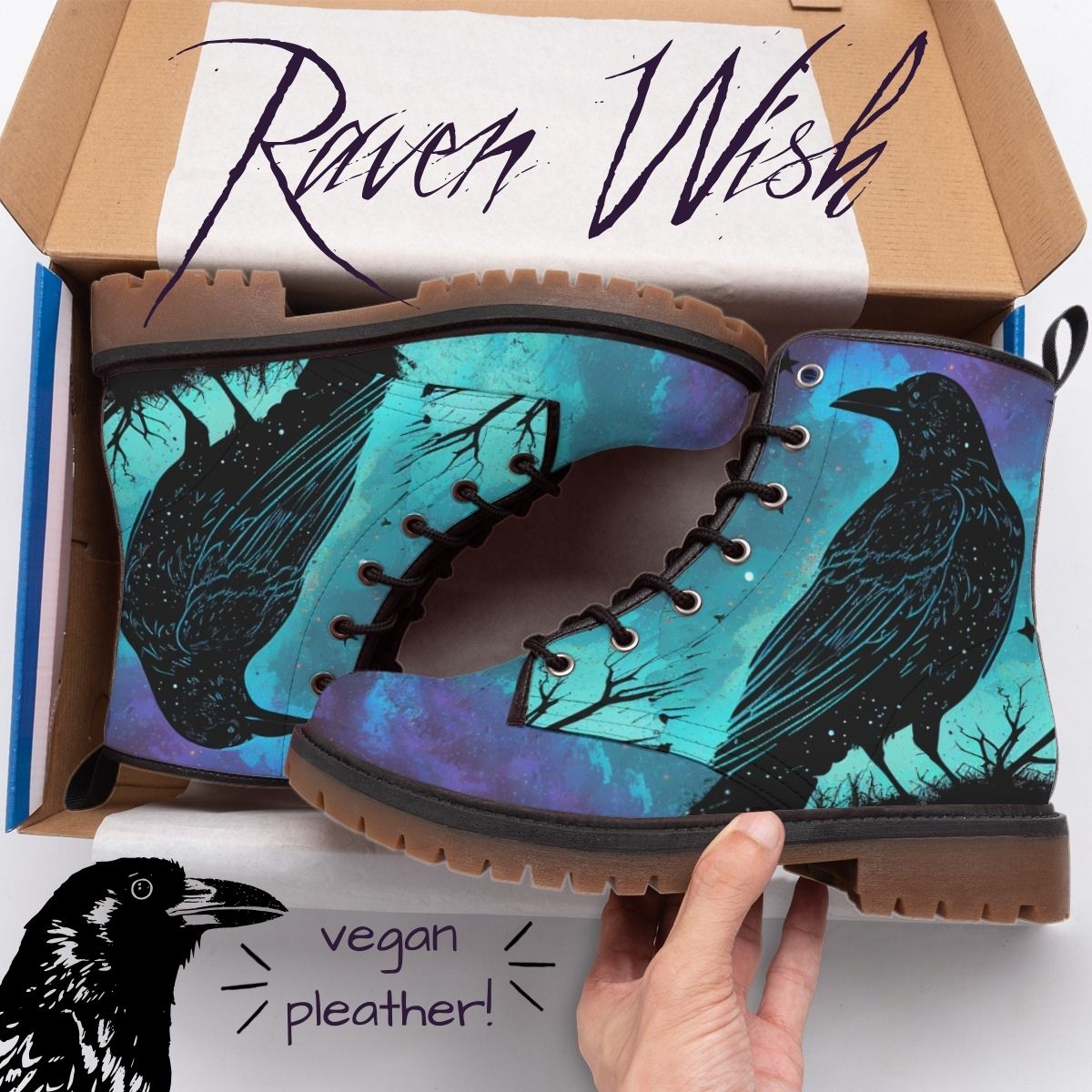 Galaxy Raven Boots | Cosmic Odin's Ravens in Purple & Aqua Guide Your Steps Spirit Animal Crow Shoes