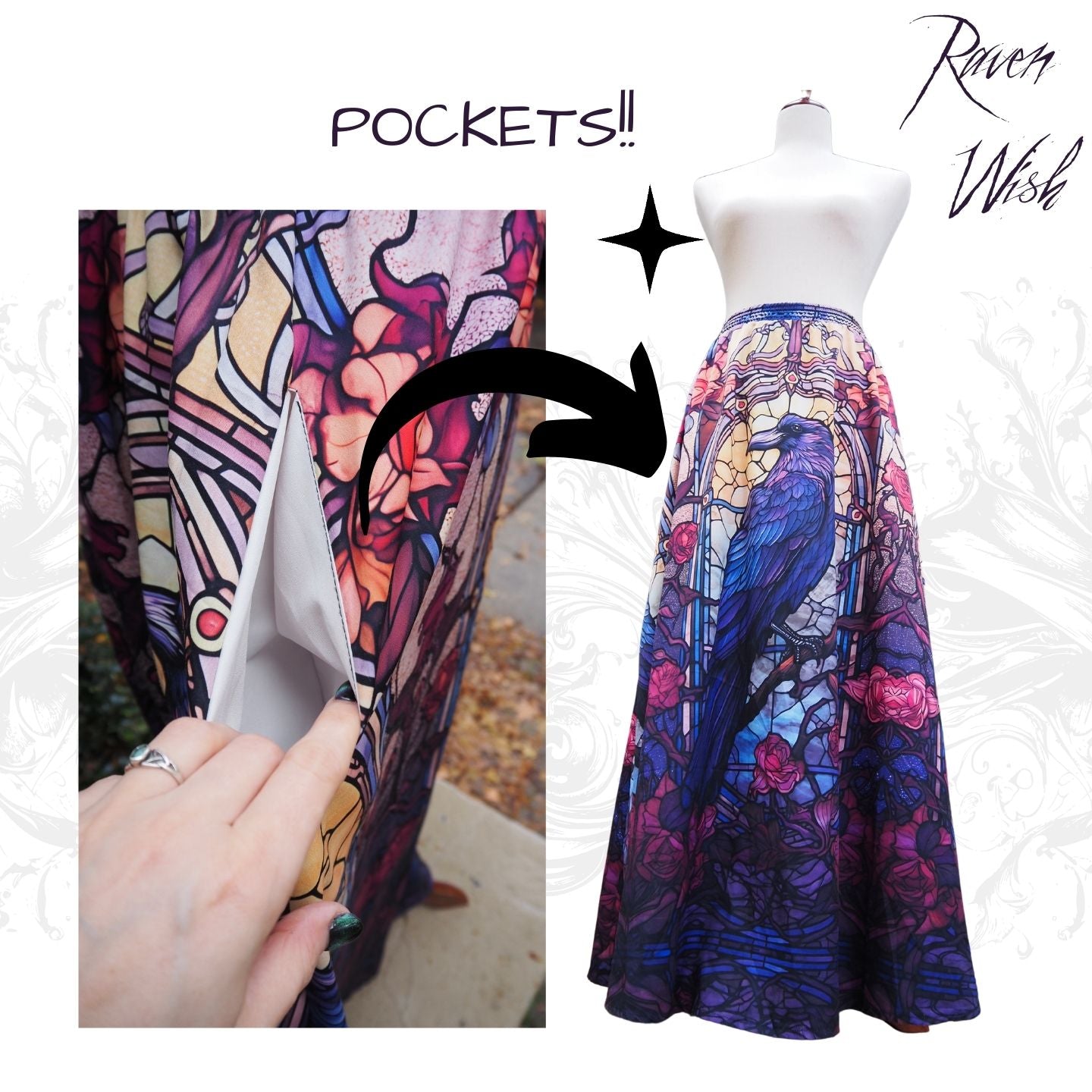 Rose Window Raven Maxi Skirt with Pockets