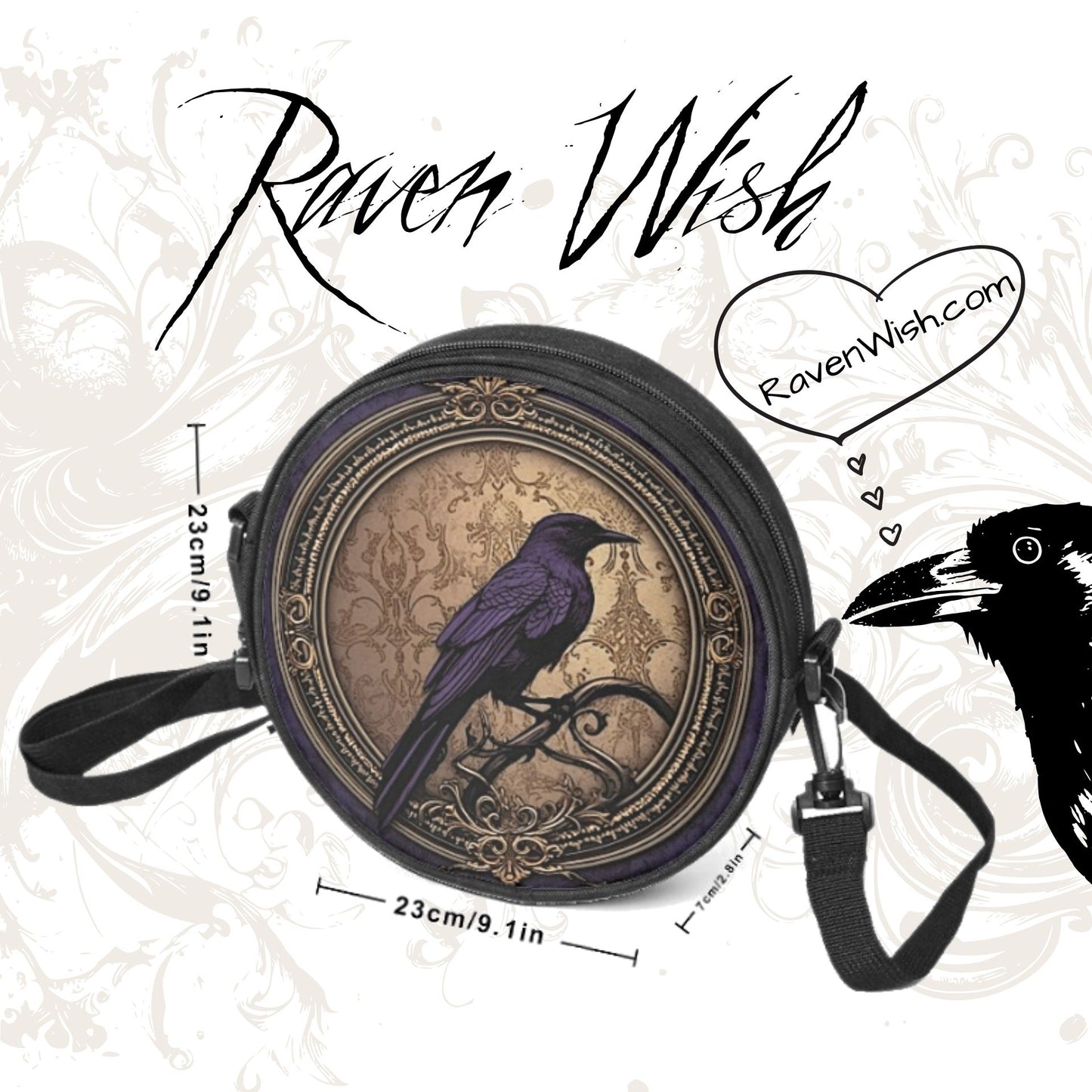 Purple Raven Queen Purse | Witchy Round Crow Bag w Adjustable Strap Sturdy Stylish Nylon Canvas