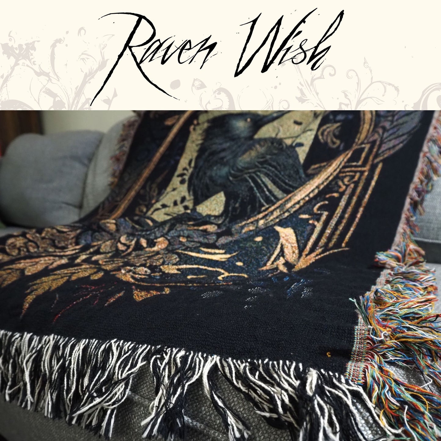 Golden Raven Tapestry Throw Cozy Cotton Heirloom Art Fiber Blanket