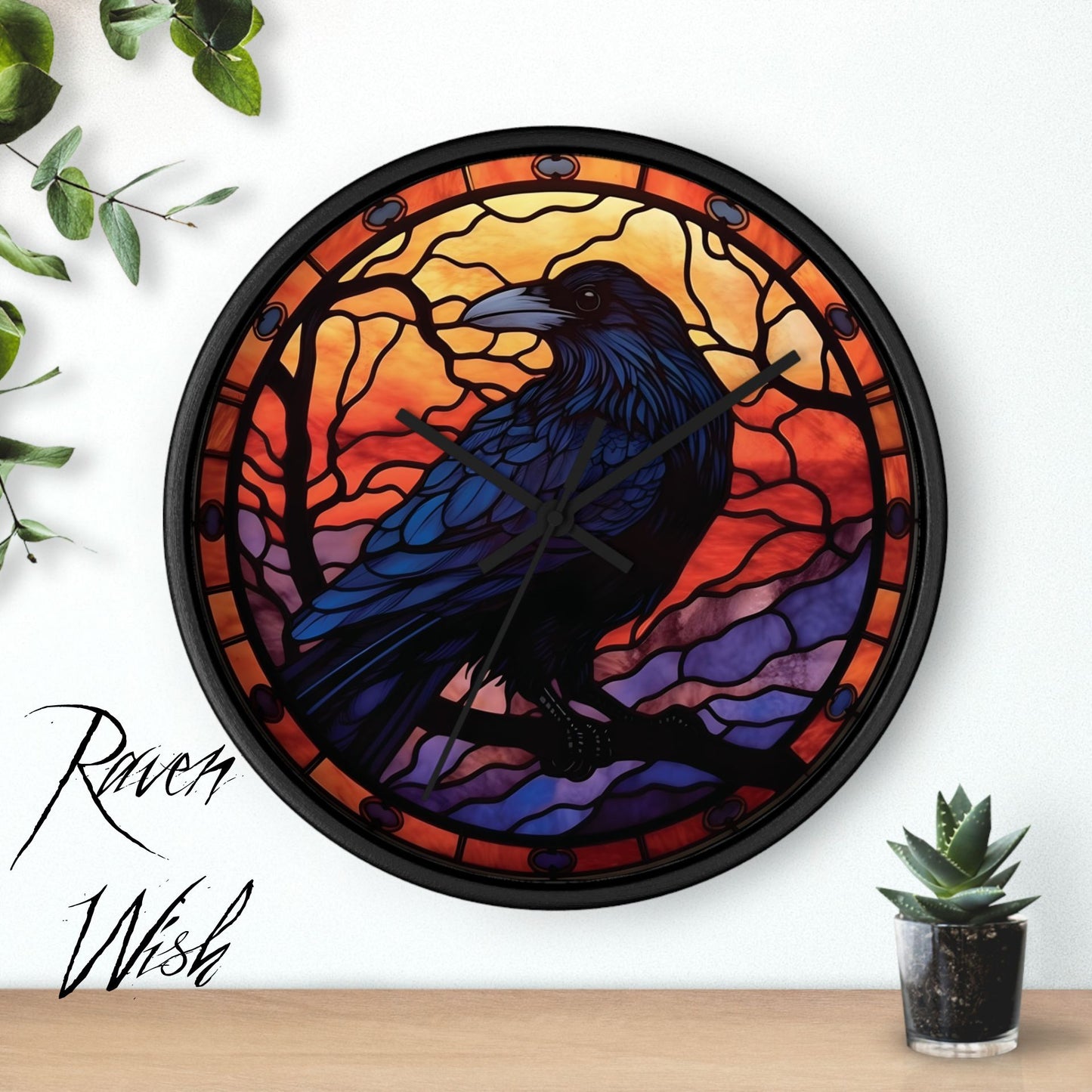 the Raven Sunset Clock Stained Glass-Look elegant Halloween Home Decor