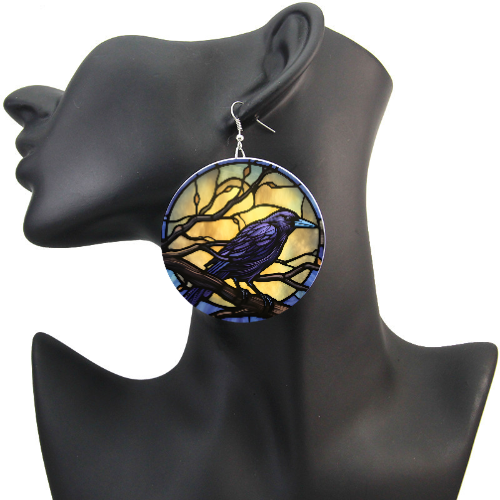 Indigo Moon Raven Raven Queen Stained Glass-look Wood earrings Earrings Accessories cool raven cool raven stuff earring Edgar Allen Poe fancy full moon gift for her gifts for goths goth gothic Halloween Halloween moon jewelry Lilith Morrigan Odin oversized Poe Poe's Raven pretty ravens purple purple raven queen raven raven on it raven stuff raven symbol raven wish ravens spooky season stain glass stained glass statement jewelry the best raven witchy with a raven on it women womens yellow moon