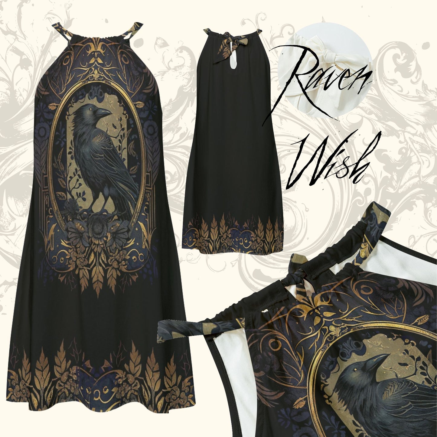 Golden Raven Guardian Sundress | Gothic Elegance in Lightweight Silky Rayon Dresses black blackbird crow crow dresses for sale crows dress with crows on it dresses with crows on them gold gold frame golden goth gothic little black dress mini Morrigan Odin raven raven dress for sale raven gaurd raven stuff raven symbol ravens short dress steampunk sundress things with crows where to buy the best raven dresses