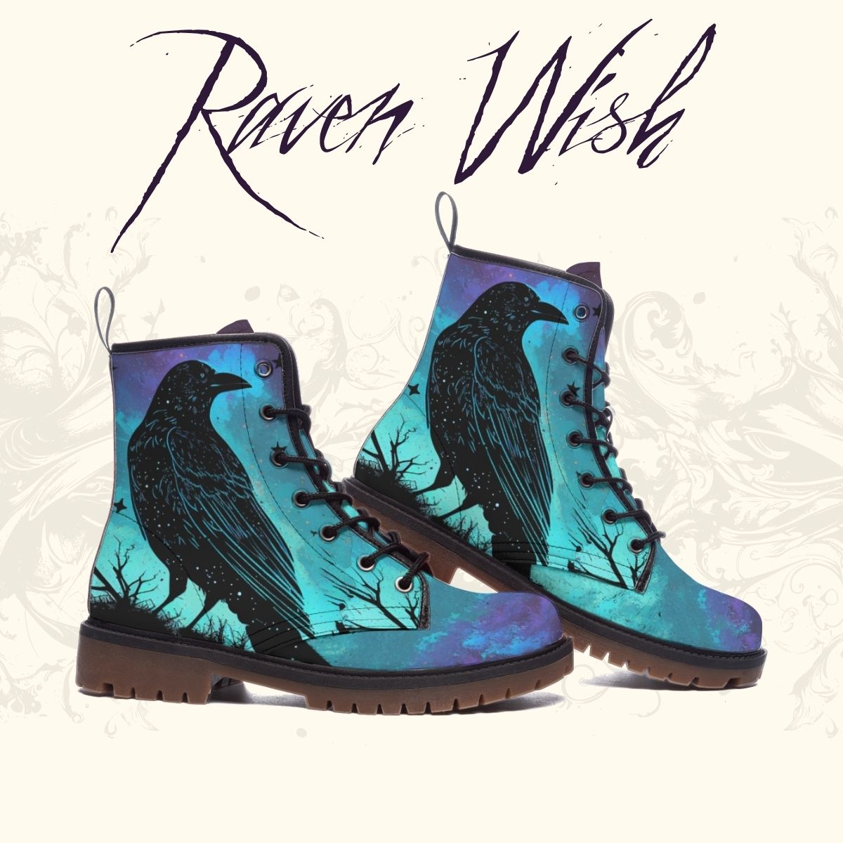 Galaxy Raven Boots | Cosmic Odin's Ravens in Purple & Aqua Guide Your Steps Spirit Animal Crow Shoes