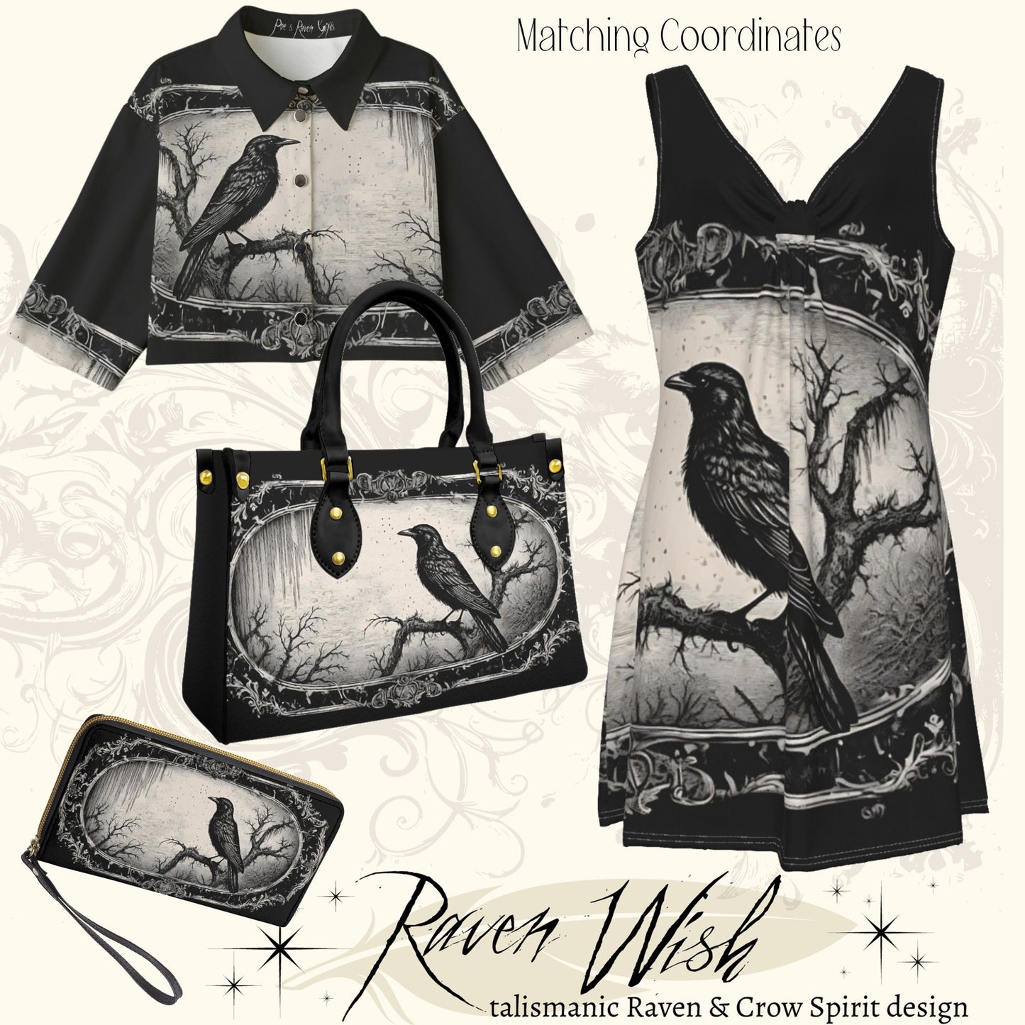 Buy unique esoteric crow spirit clothes, raven purses, and jackets with ravens on them at RavenWish.com