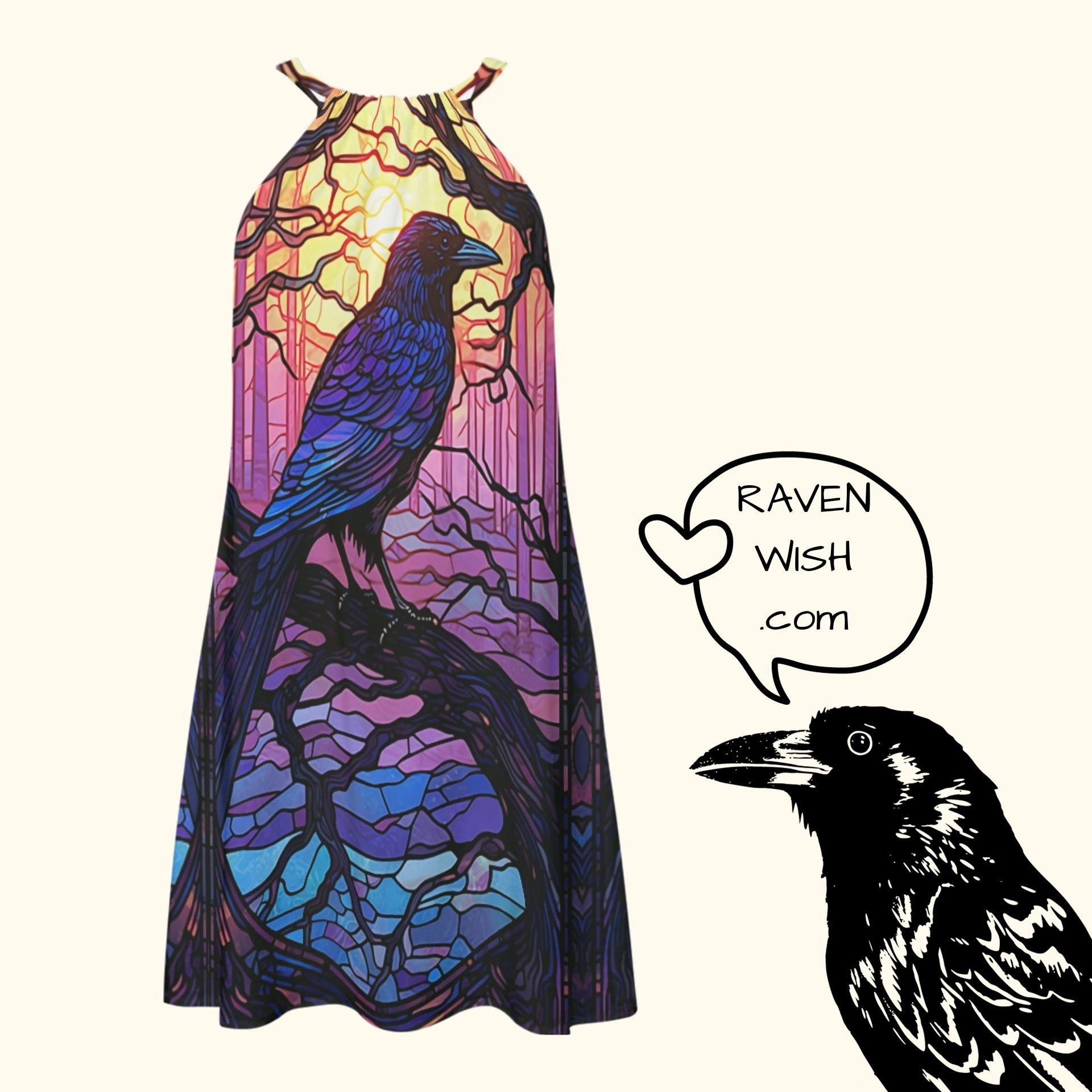 Where to find beautiful stained glass inspired raven clothing, crow sundresses dresses with ravens on them at www.RavenWish.com