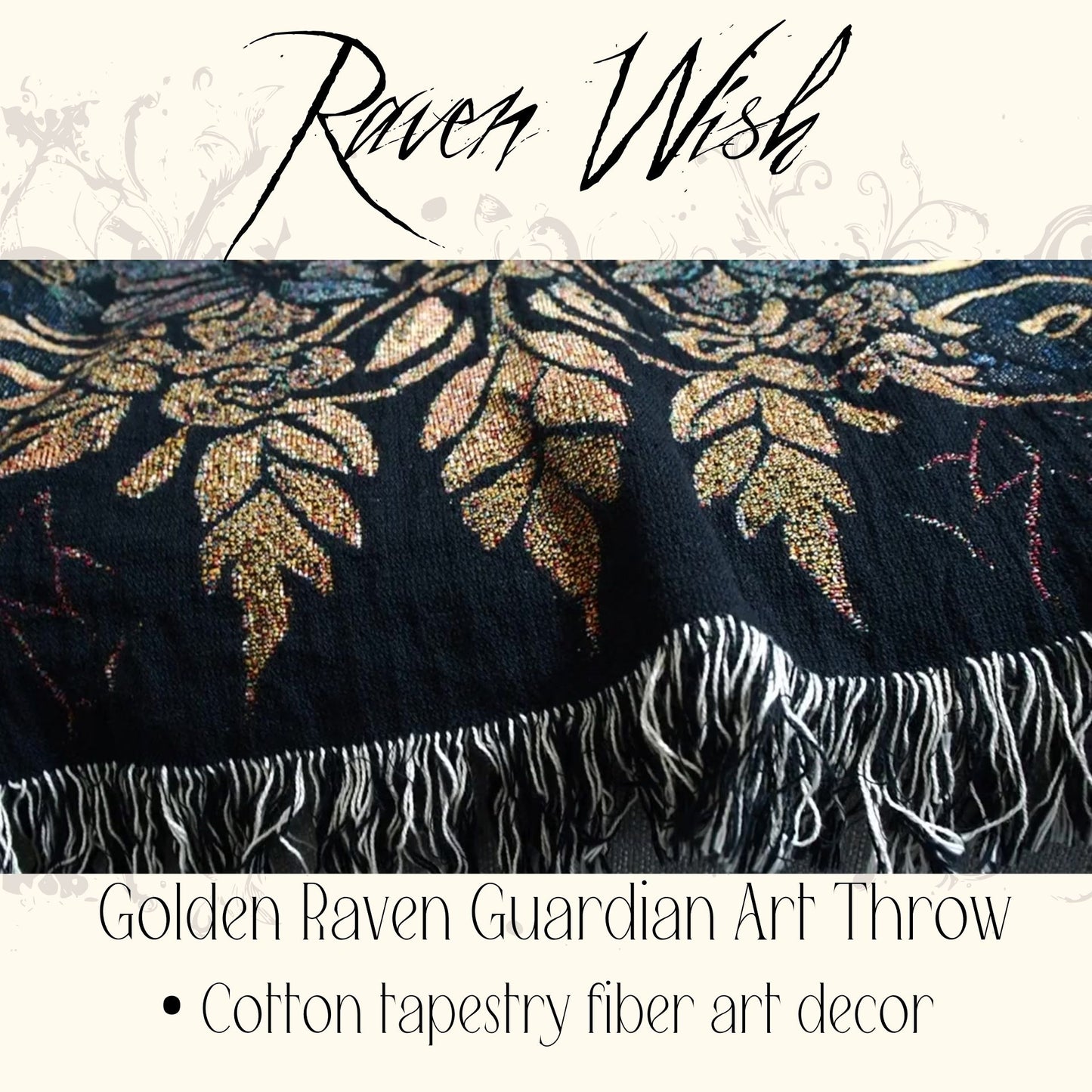 Golden Raven Tapestry Throw Cozy Cotton Heirloom Art Fiber Blanket