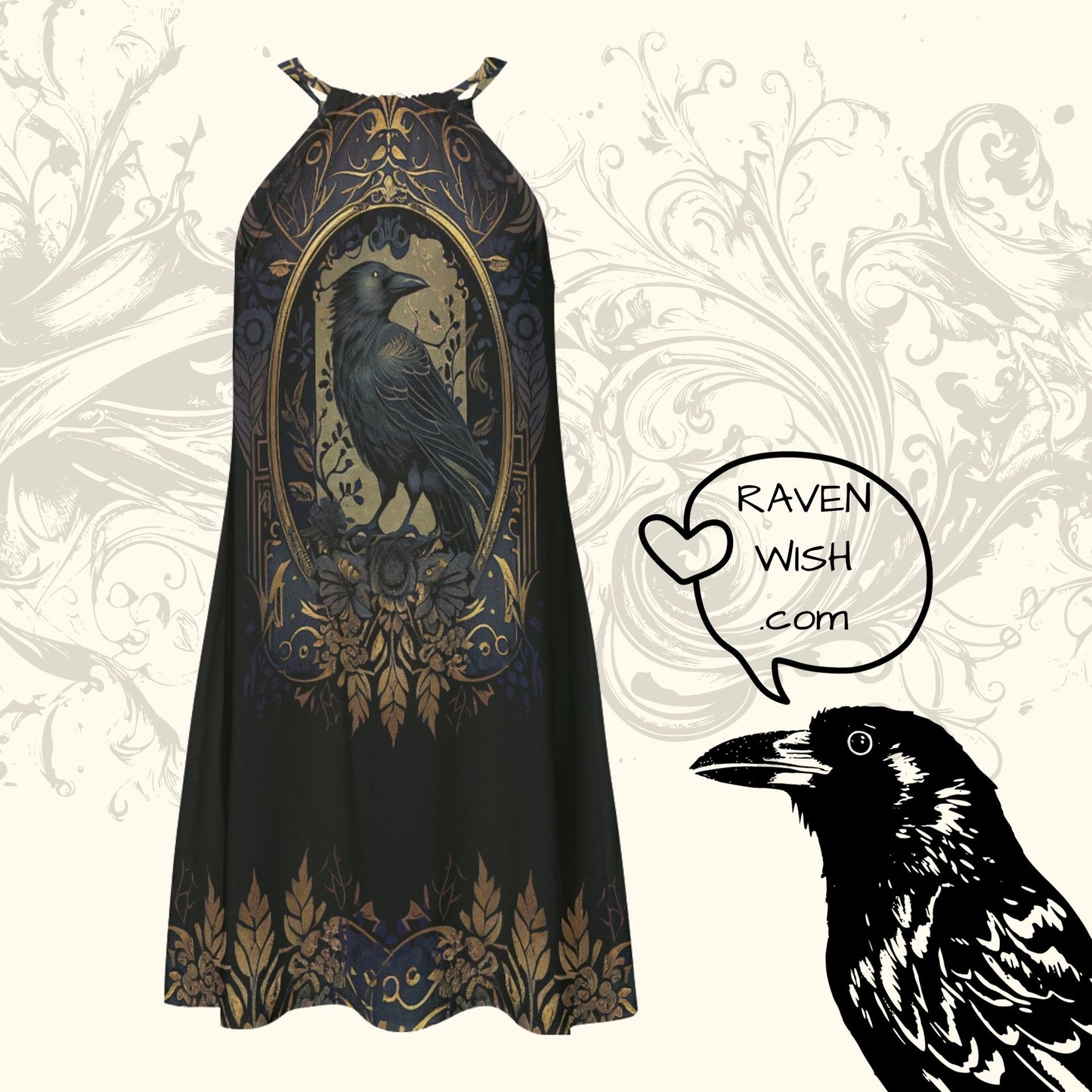 Golden Raven Guardian Sundress | Gothic Elegance in Lightweight Silky Rayon Dresses black blackbird crow crow dresses for sale crows dress with crows on it dresses with crows on them gold gold frame golden goth gothic little black dress mini Morrigan Odin raven raven dress for sale raven gaurd raven stuff raven symbol ravens short dress steampunk sundress things with crows where to buy the best raven dresses