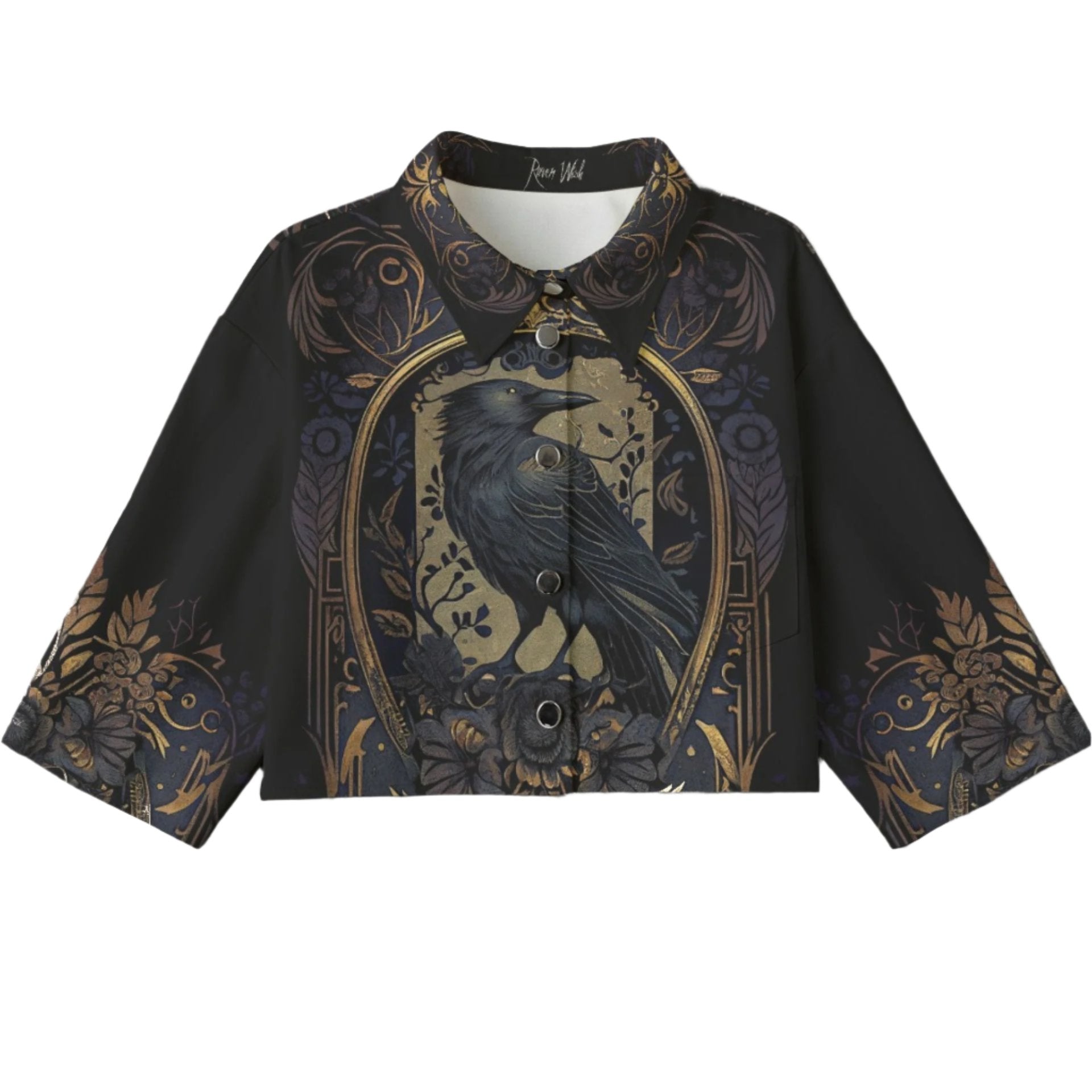 Buy beautiful things with ravens on them, golden raven bolero cropped goth jean jacket with gorgeous talismanic crow spirit design at www.RavenWish.com