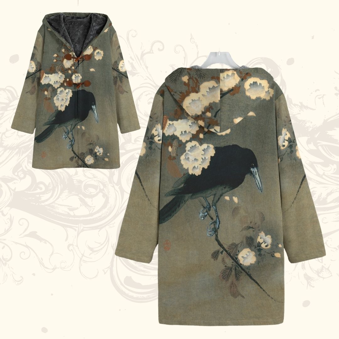 Koson Crow Hooded Cloak Outerwear Overcoat Raven Woodblock Print Fleece Jacket Witchy Clothes Trench