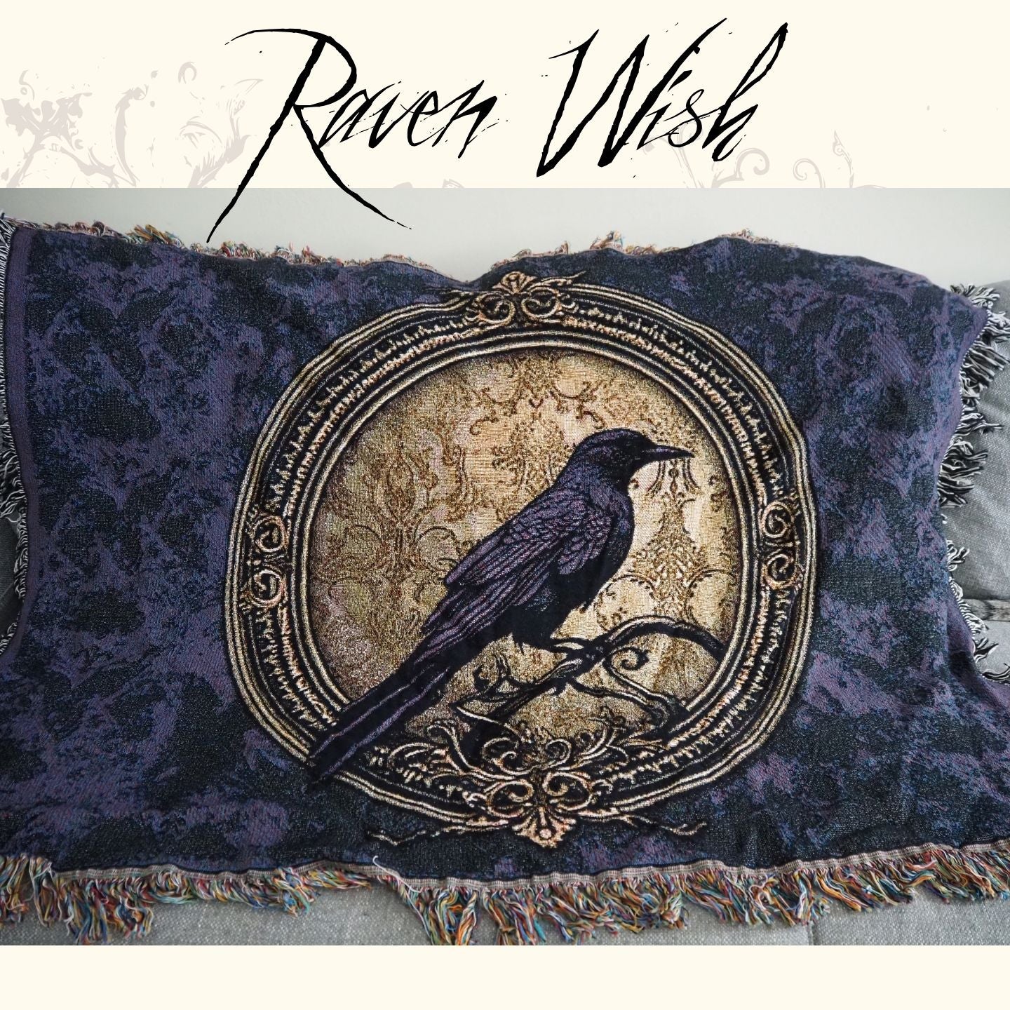 Purple Raven Queen Woven Art Throw |Heirloom Cotton Art Fiber Gothic Home Decor